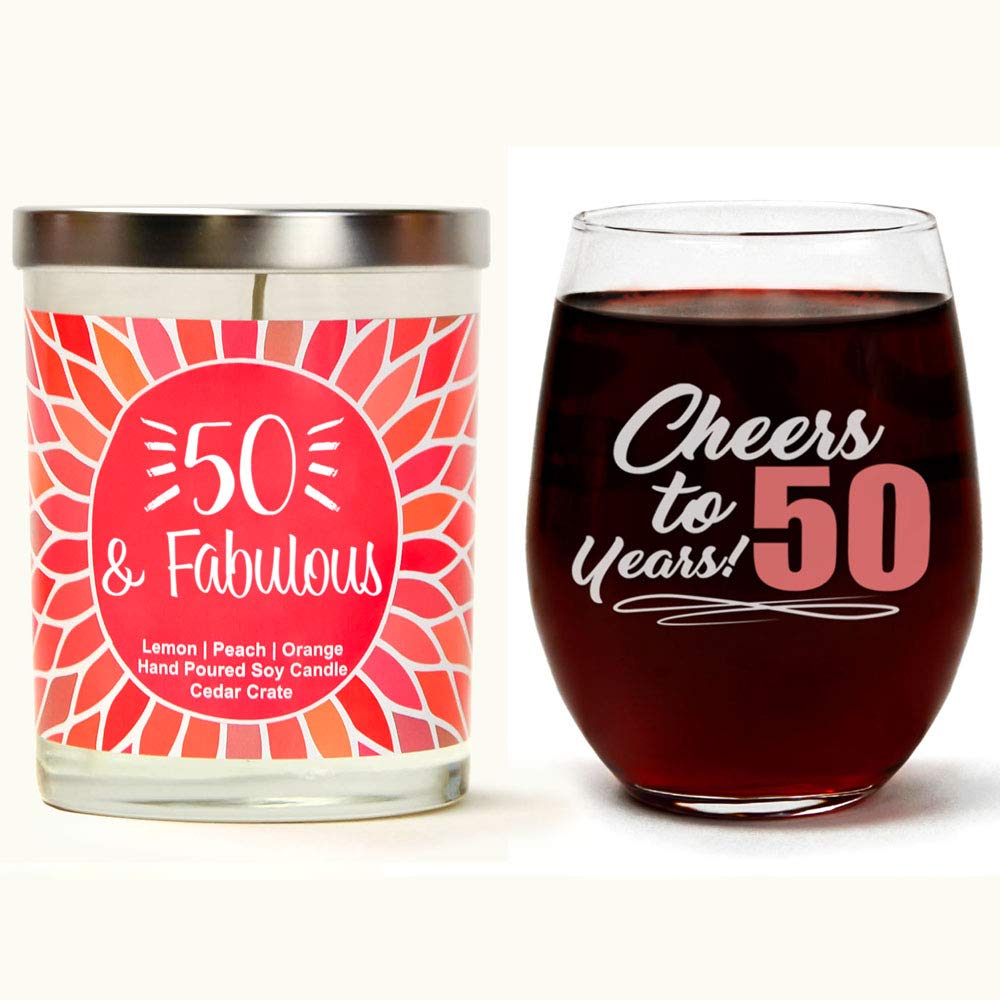 50th Birthday Gift Set for Women - 'Cheers to 50 Years' Stemless Wine Glass & '50 & Fabulous' Soy Candle (Lemon, Peach, Orange Scent) | Elegant Birthday Gift Box for Her | Perfect for Milestone Celebrations, Retirement Parties & Special Occasions