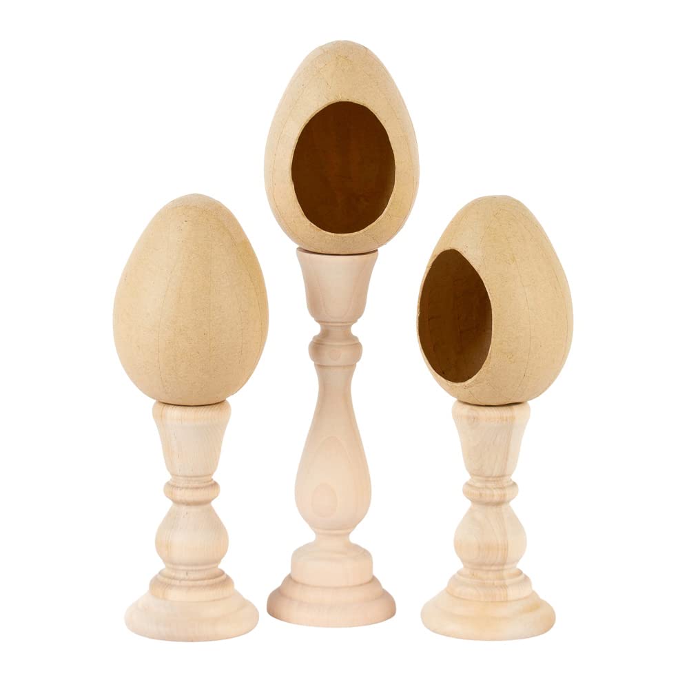 Pack of 3 Fillable Paper Mache Easter Eggs with Stands - Unfinished DIY Craft for Decorating, Holiday Home Decor - Perfect for Easter Scenes, Spring Centerpieces & Creative Gift Giving