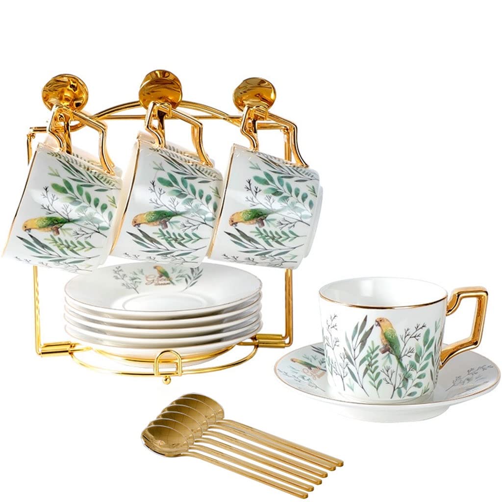 Vintage Ceramic Coffee & Espresso Mugs with Saucers Set - 7.04oz European Porcelain Tea Cups with Holder - Elegant Tea Party Set for Adults - Perfect for Home, Office & Afternoon Tea Gatherings