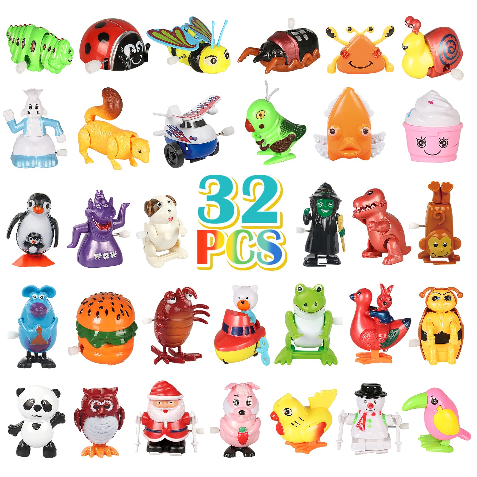 32 PCS Assorted Wind-up Toys for Kids - Bulk Windup Animals Walking, Jumping, Swimming & Flipping Clockwork Toys - Perfect for Classroom Party Favors, Easter Egg Fillers & Birthday Gifts - Fun Educational Toys for Toddlers & Preschoolers