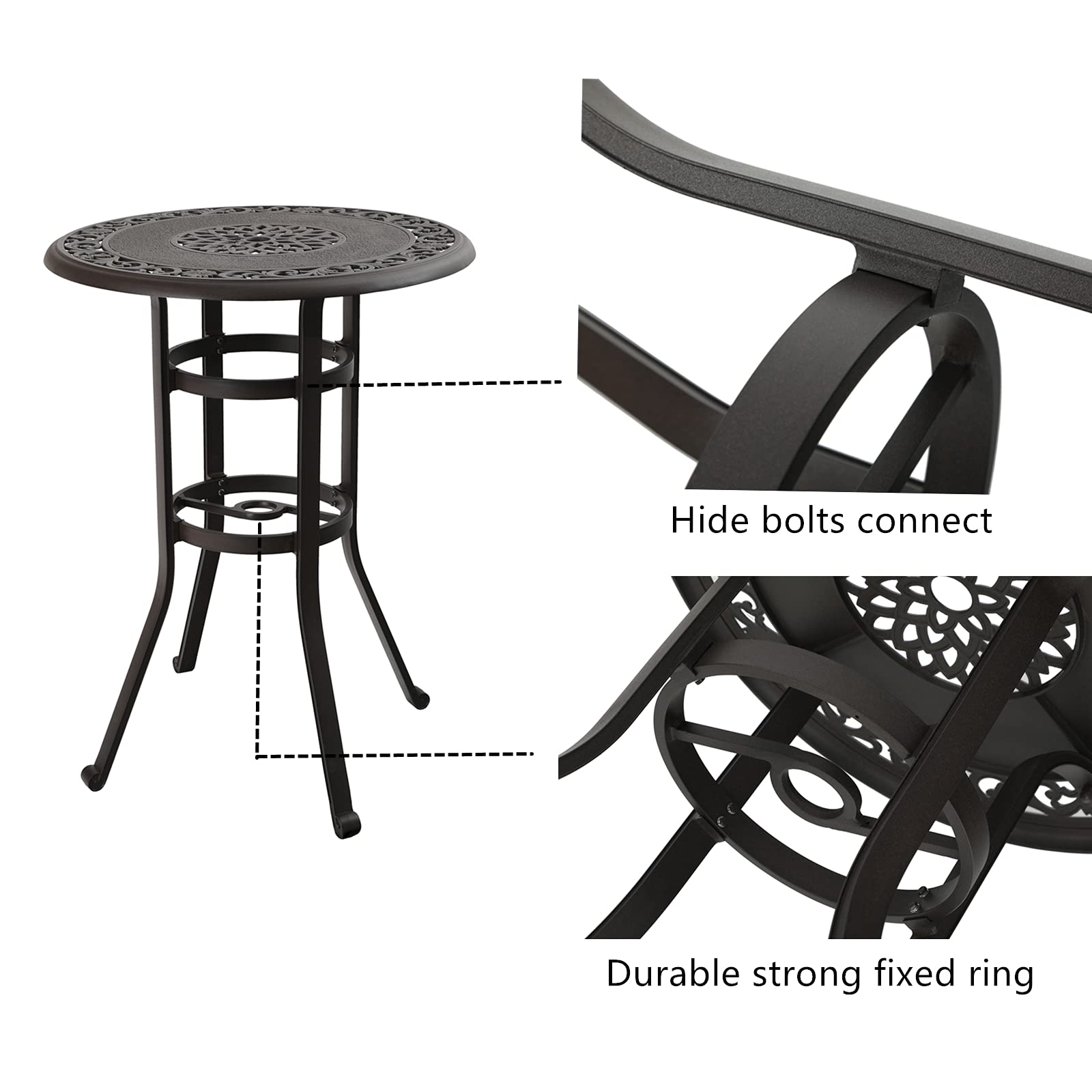 MFSTUDIO 32 Inch Round Cast Aluminum Bar Height Patio Table - 42 Inch Tall Outdoor Dining Table with 1.75 Inch Umbrella Hole - Perfect for Bistro, Backyard, Poolside, Garden, Deck - Rust-Resistant & Weatherproof (Brown)