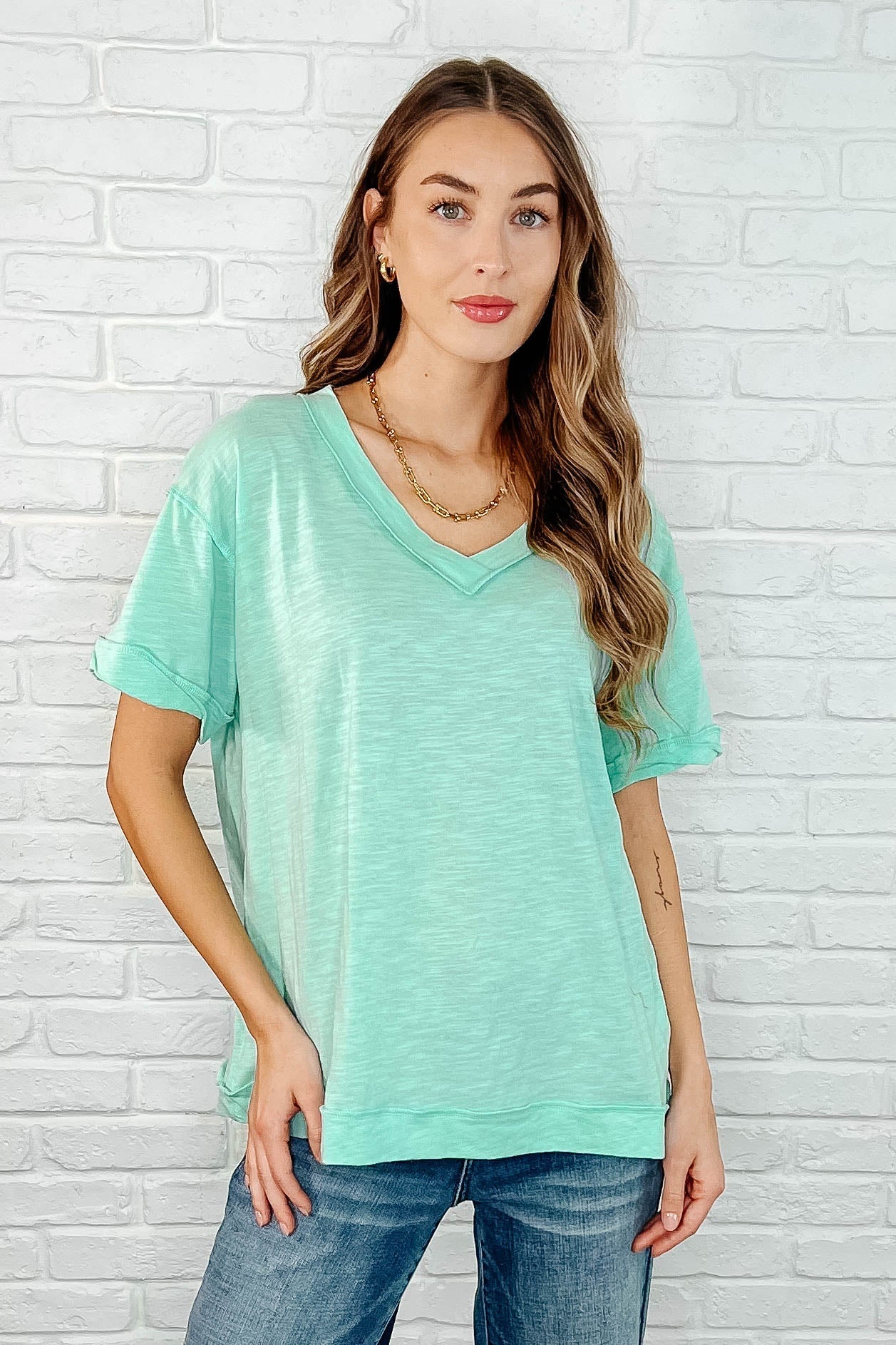 Drop Shoulder V Neck T-Shirt for Women - Soft Cotton Basic Tee in Mint Green | Casual Everyday Wear, Layering, Street Style Outfits