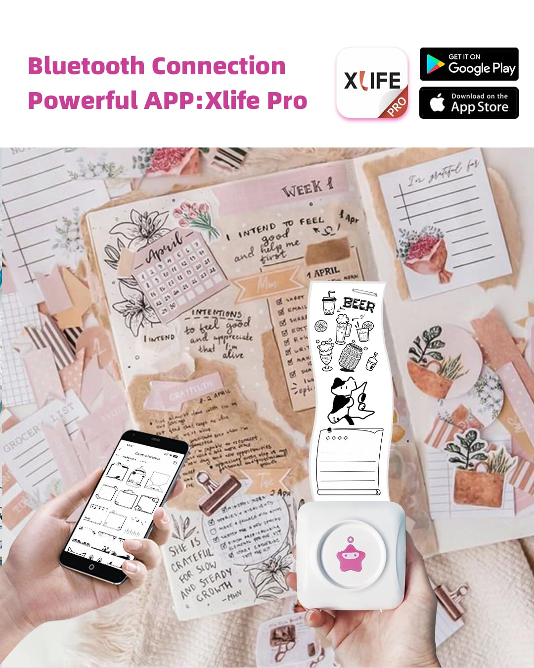 Portable Mini Bluetooth Mobile Printer - Wireless Pocket Photo Printer for iPhone & Android - Compatible with 10 Rolls Paper & Stickers - Perfect for Travel, Office, and Home Use