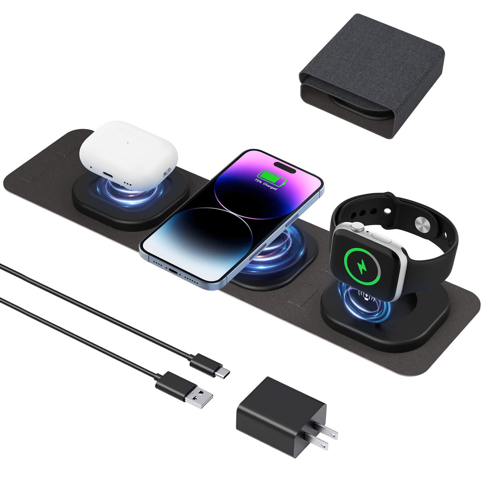 3-in-1 Magnetic Wireless Charging Station for iPhone 14/13/12 Pro Max, Apple Watch, AirPods - Portable Foldable Travel Charger (Black) | Perfect for Home, Office & Car Use
