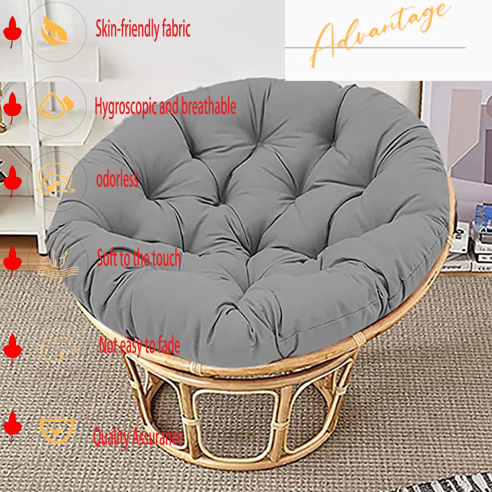 Premium Solid Papasan Patio Chair Cushion - Thick Overstuffed Outdoor Egg Seat Cushion for Hammock Swings - 65 Inch (165cm) Gray - Perfect for Indoor & Outdoor Relaxation in Gardens, Porches, and Balconies
