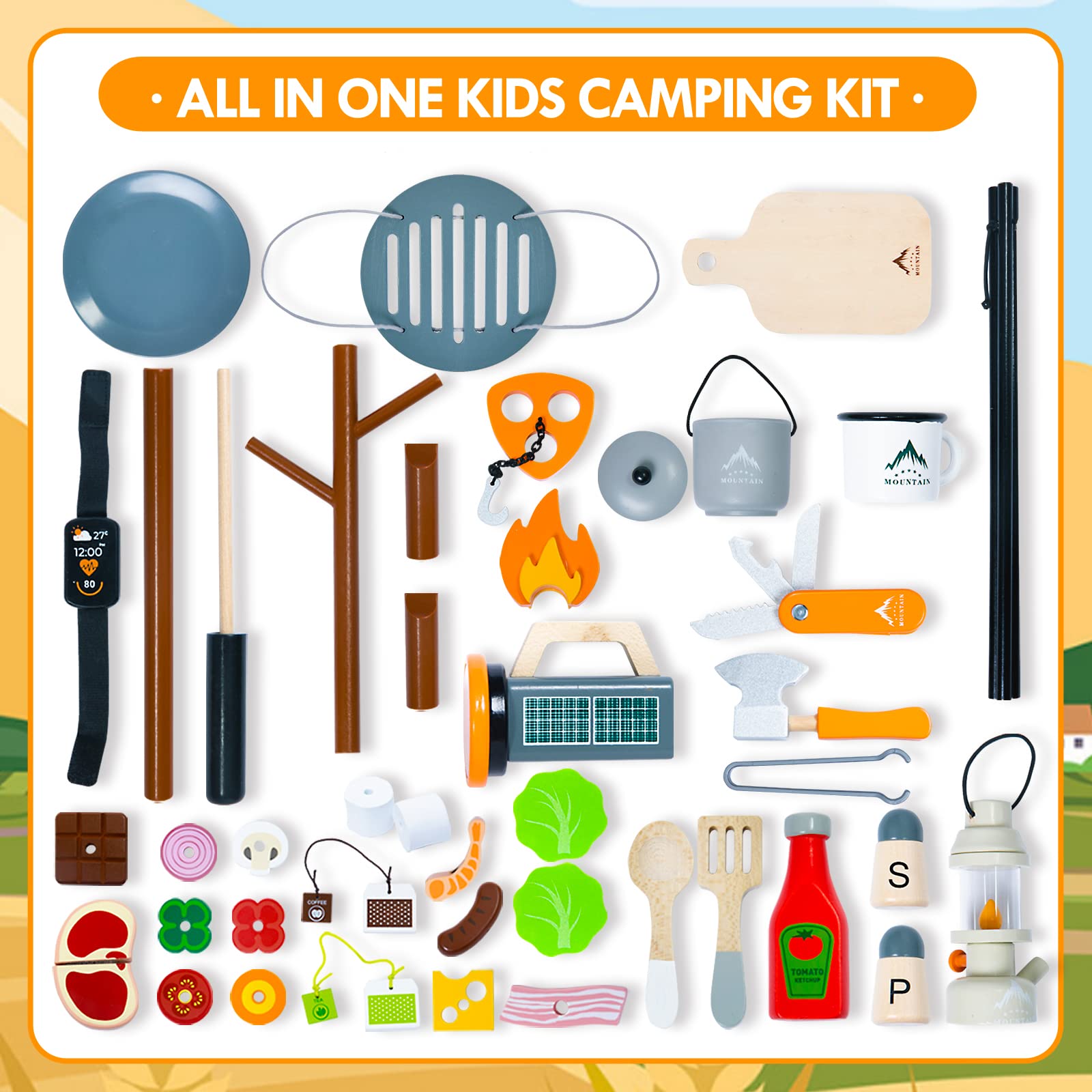 UMI Kids Camping Toys Set - Wooden Pretend Play Campfire & Cutting Food Playset for Play Kitchen, Indoor Outdoor Camping Gear for Toddlers Boys Girls Ages 3-8 - Perfect for Pretend Play, Birthday Gifts & Outdoor Adventure Learning