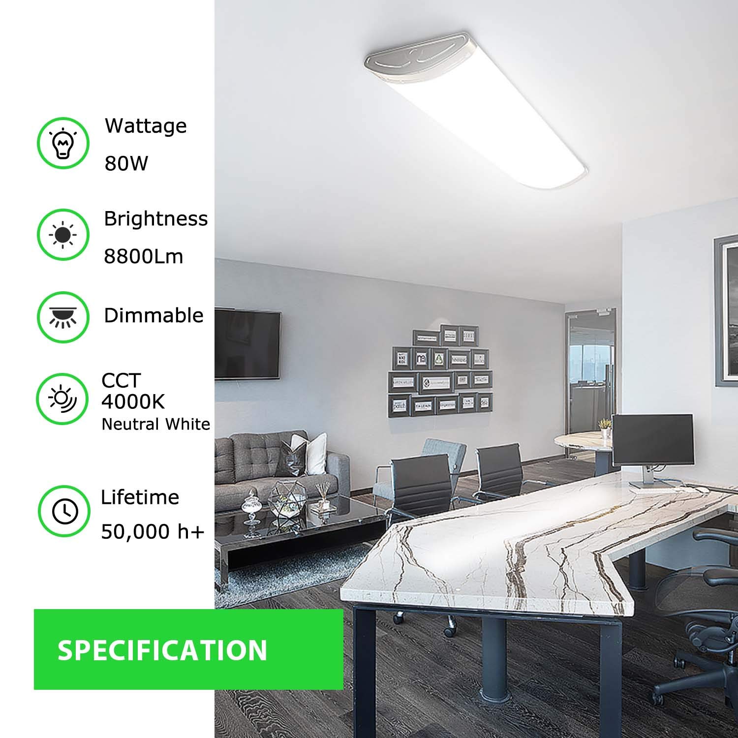 4ft LED Light Fixtures Dimmable 80W 8800lm Linear Flush Mount Ceiling Lights, 4000K Neutral White - Energy Efficient 250W Fluorescent Replacement - Perfect for Kitchen Lighting, Craft Room, Garage & Office (1 Pack)