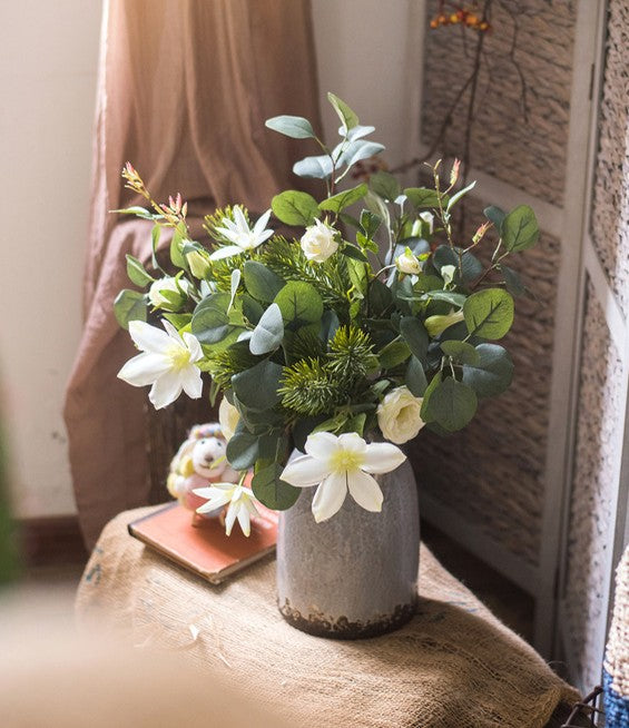 Eucalyptus Globulus, Clematis & White Rose Artificial Flower Arrangement - Modern Home Decor for Dining Table, Living Room & Wedding Centerpieces
