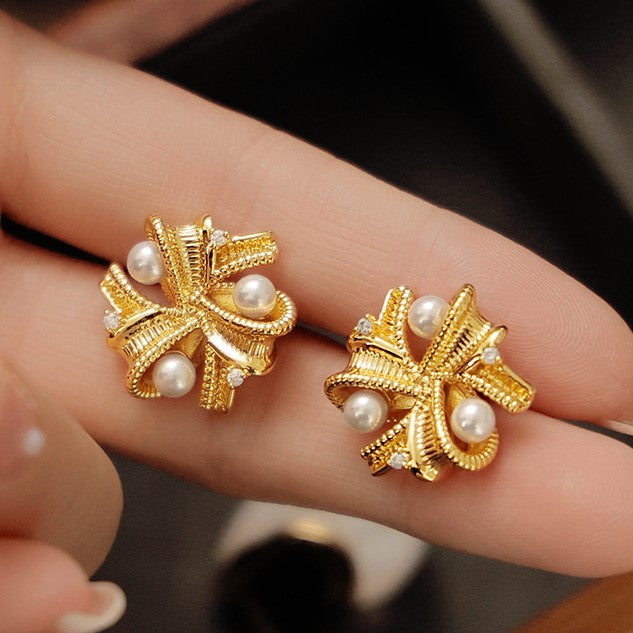 Vintage Metallic Pearl Stud Earrings for Women - DMS217 | Classic Elegant Jewelry Gift for Birthday, Anniversary & Special Occasions