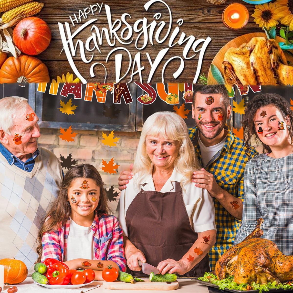 12 Sheets Thanksgiving Temporary Tattoos for Kids & Adults - Fall Party Supplies with Maple Leaf, Gnomes, Pumpkin & Turkey Designs - Perfect for Thanksgiving Decorations, Autumn Festivals & Seasonal Celebrations