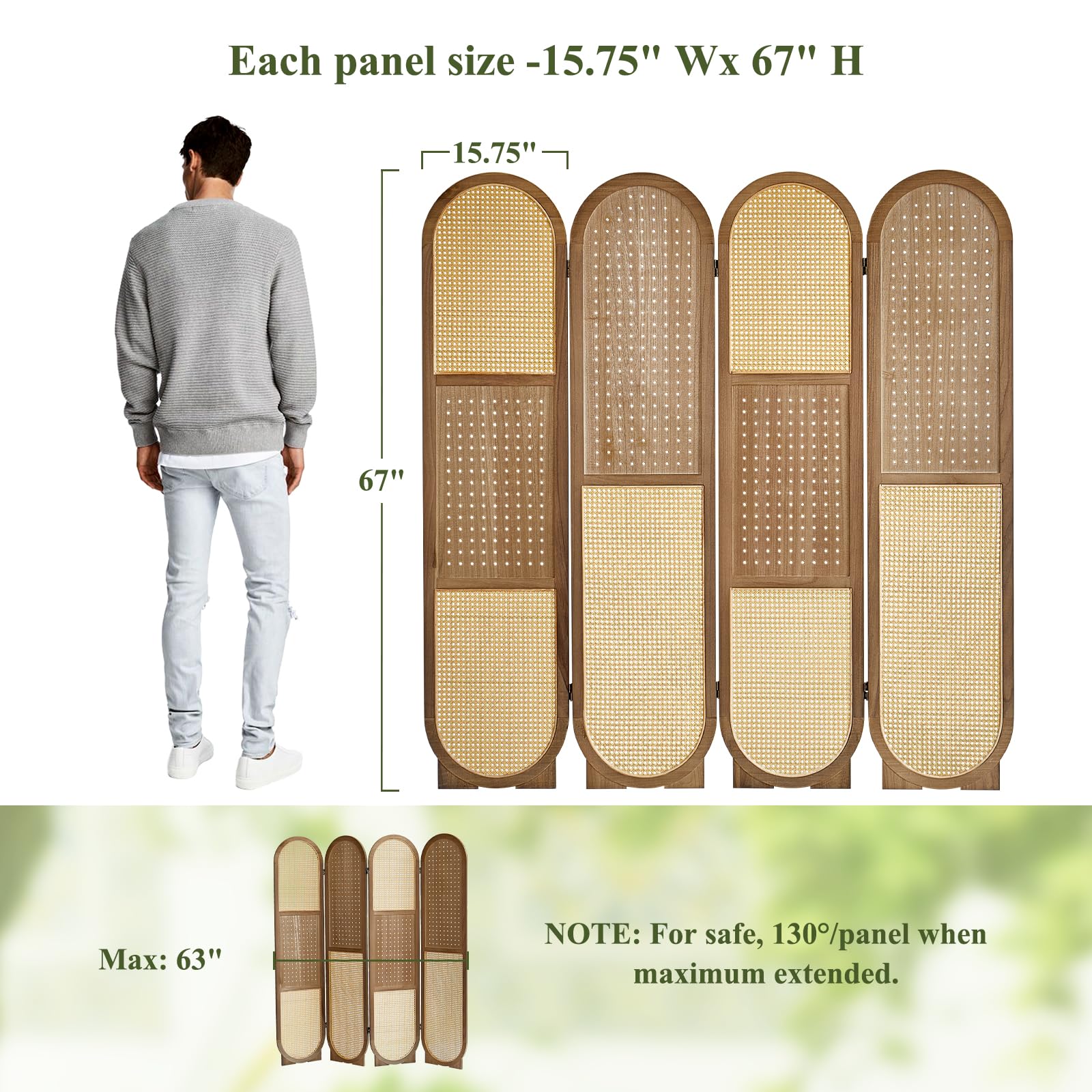 Rattan Room Divider Panel - 4-Panel Folding Privacy Screen with 16 Hooks | Pegboard Display for Jewelry Store, Bazaar & Bedroom | Wooden Partition Wall for Home, Office & Retail Spaces (Brown)