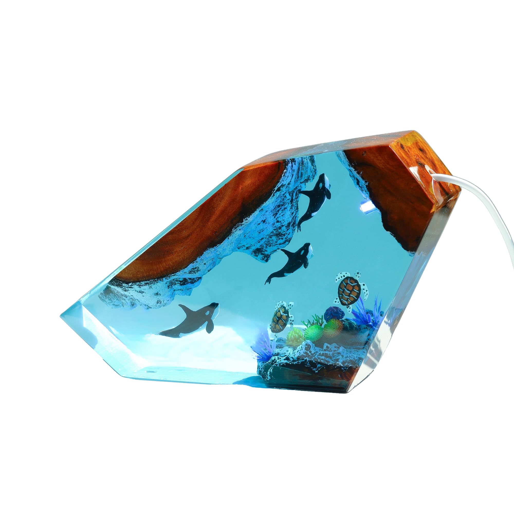 Orca and Turtle Resin Wood Lamp - Ocean Themed Night Light with Dolphin Diorama - 9x6 Inch Epoxy Resin Table Lamp - Unique Gift for Him or Her - Perfect for Bedroom, Living Room, or Office Decor