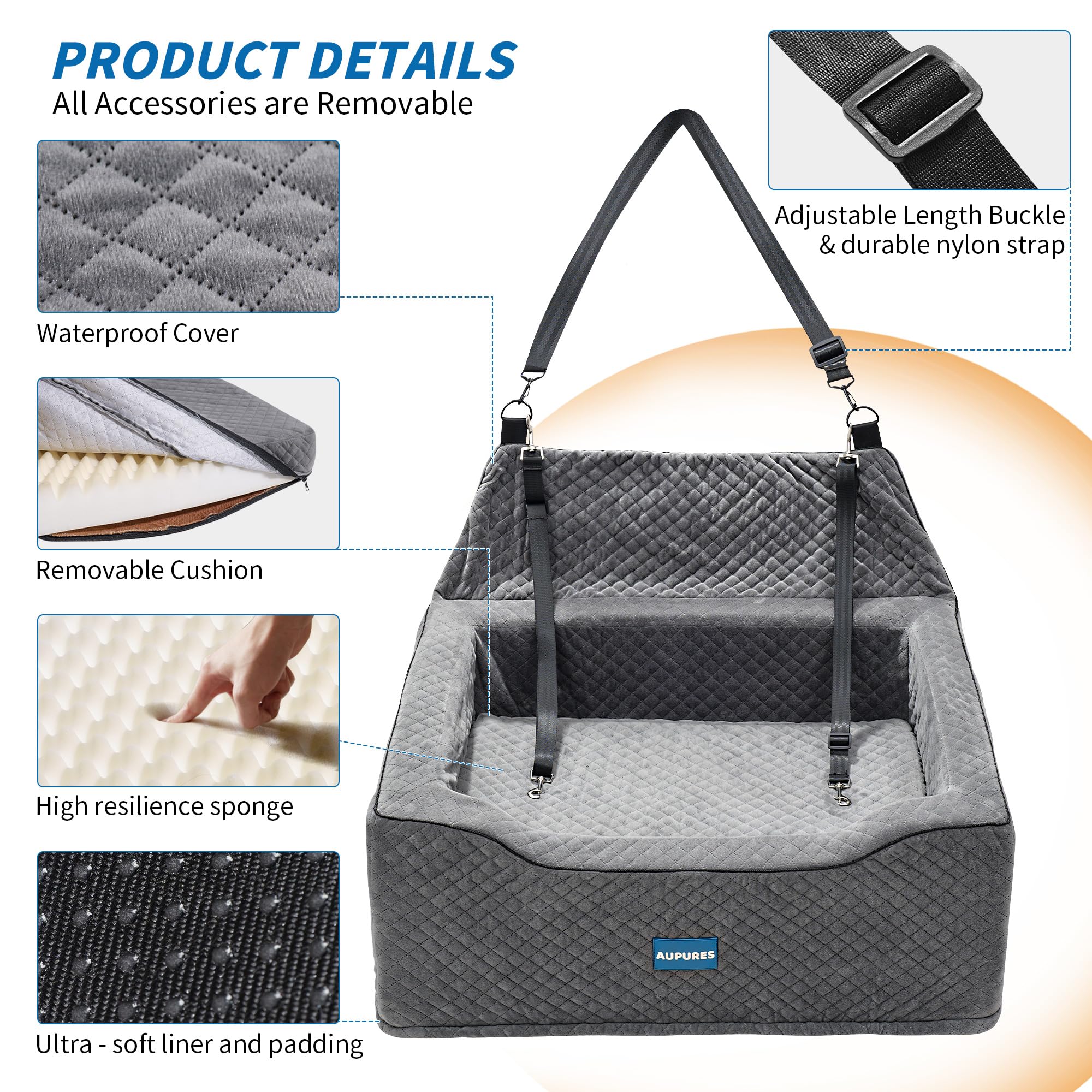 Premium Dog Car Seat for Large & Medium Dogs Up to 55 lbs - Adjustable Height Pet Booster Seat with Safety Belt - Soft Fabric Carrier for Two Small Dogs (Gray) - Perfect for Road Trips & Daily Commutes
