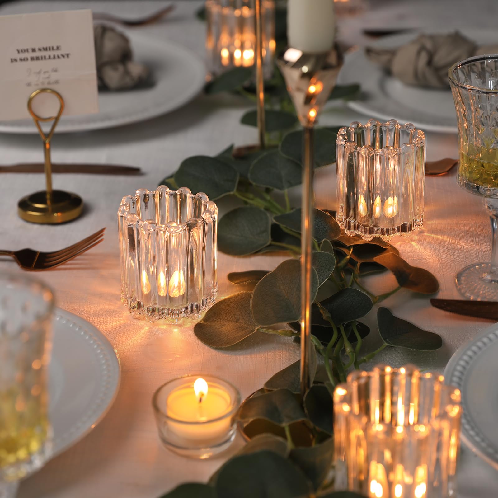 Clear Glass Votive Candle Holders Set of 6 - Ribbed Tealight Candle Holders for Wedding Centerpieces, Dinner Party Table Decor - Perfect for Romantic Ambiance, Holiday Decorations & Home Décor