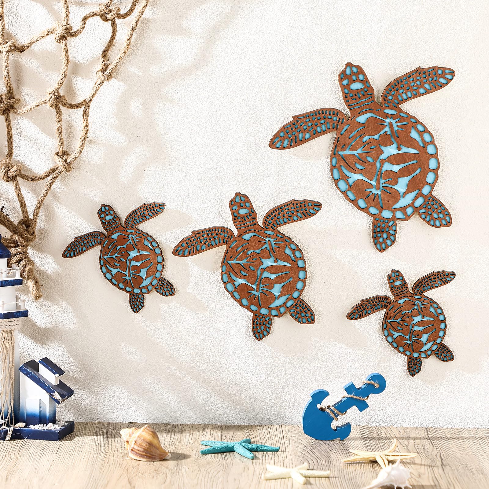 4 Pcs Coastal Wall Decor - Blue Sea Turtle, Surfboard, Seahorse, Starfish & Seashell Art for Beach Theme Bathroom, Bedroom & Home Decor | Perfect for Coastal Living Rooms, Vacation Homes & Nautical Nursery