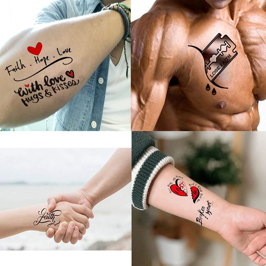 3D Faith Hope Love Temporary Tattoo - Waterproof Fake Tattoos for Men & Women - Broken Heart & Blade Design - Pack of 4 - Perfect for Parties, Halloween, or Self-Expression