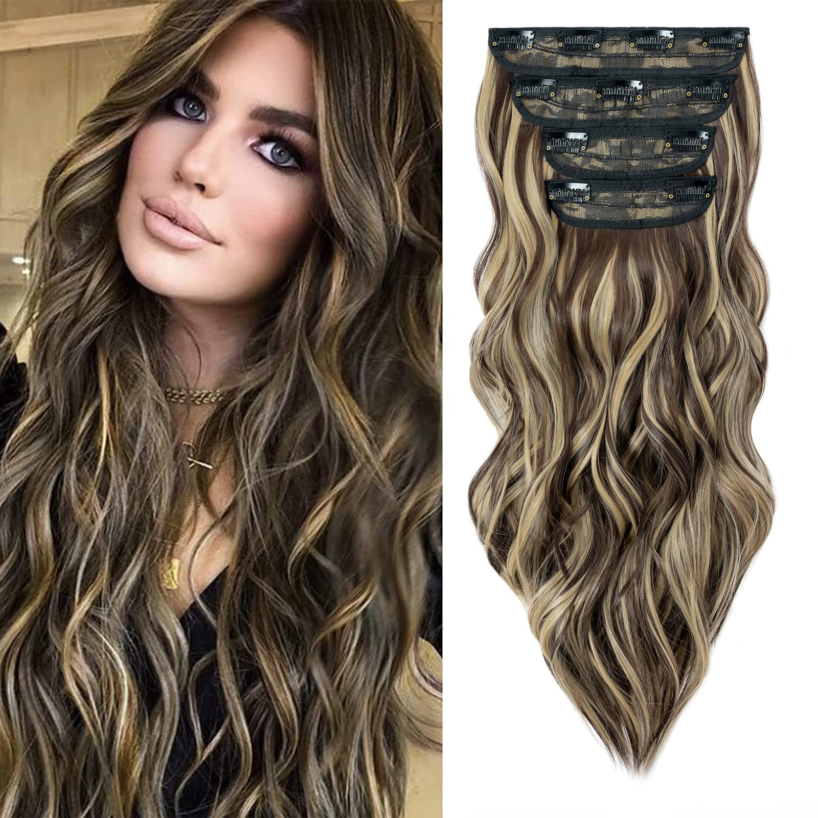 MY-LADY Clip in Hair Extensions 4PCS - Thick Long Wavy Curly Synthetic Hairpieces for Women - 22 Inches 180g Dark Brown with Ash Blonde Highlights - Perfect for Parties, Weddings & Everyday Styling