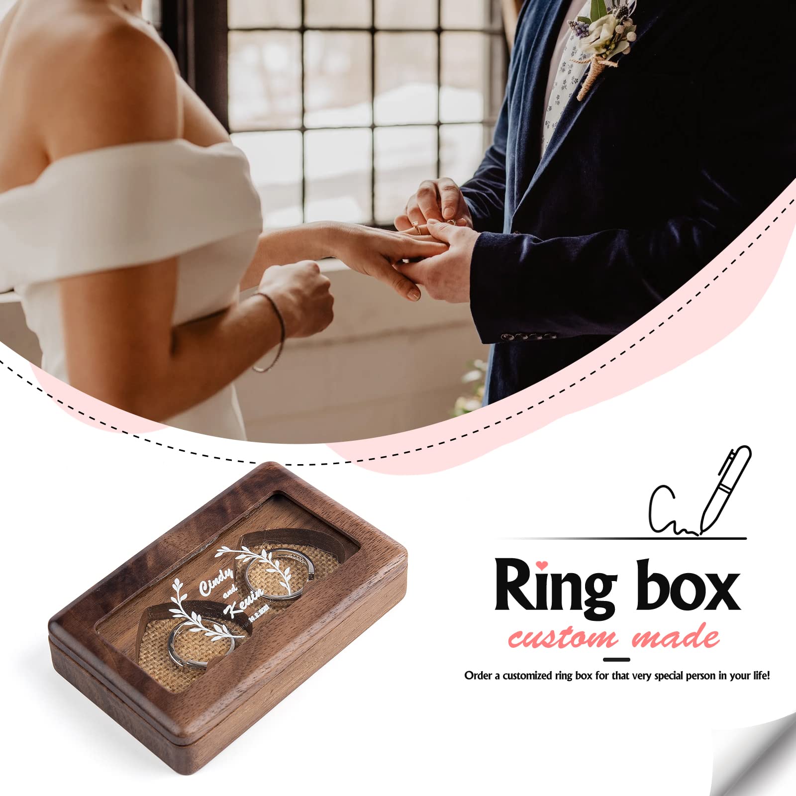 Engraved Wood Ring Box for Wedding & Engagement - Custom Double Jewelry Gift Box for Bride & Groom - Perfect for Ceremony, Proposal & Anniversary Gifts (Style 2)