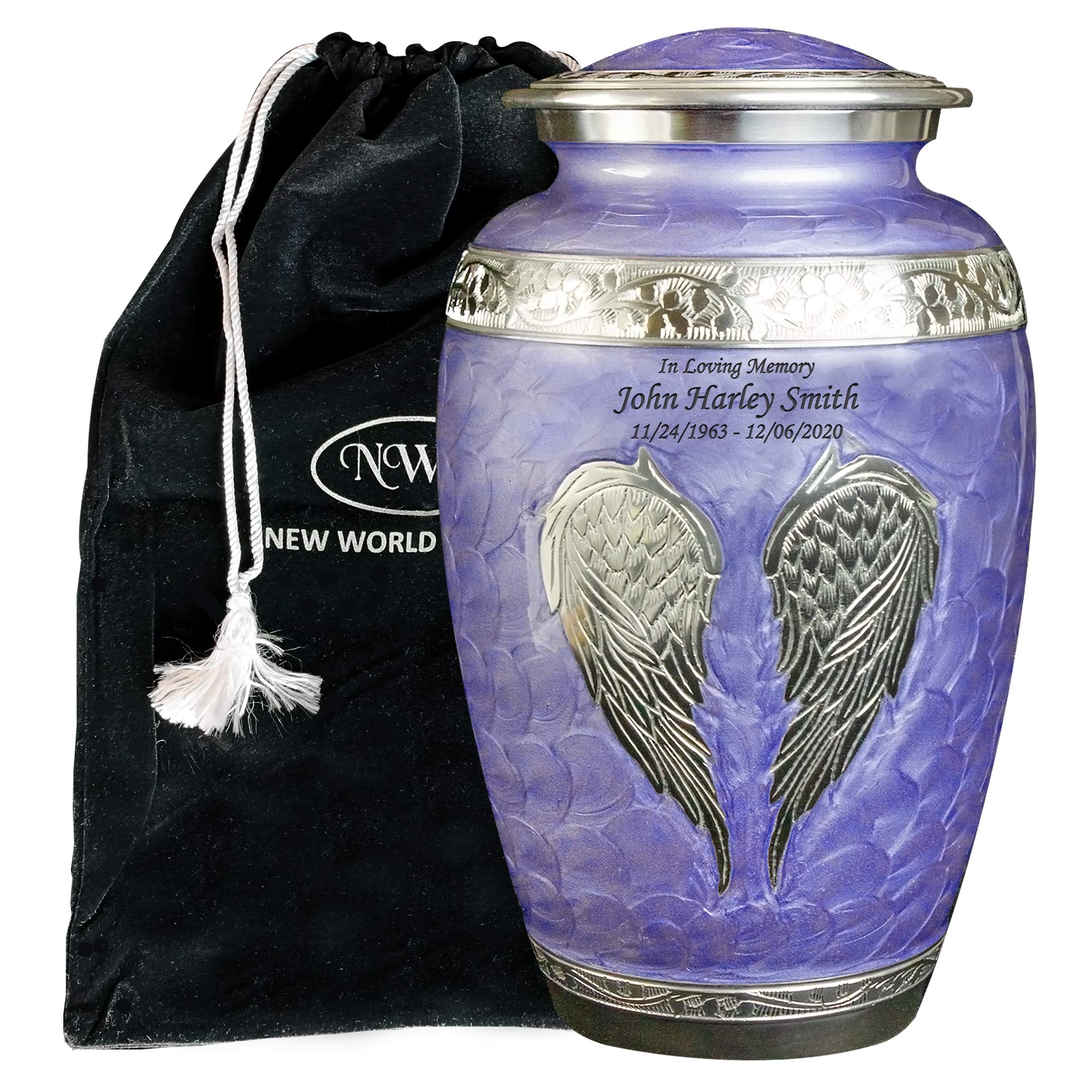Personalized Engraved Angel Wings Funeral Urn for Ashes - Extra Large Cremation Urn with Velvet Bag (Lilac) | Memorial Keepsake for Loved Ones | Perfect for Home Display, Funeral Services & Memorial Ceremonies