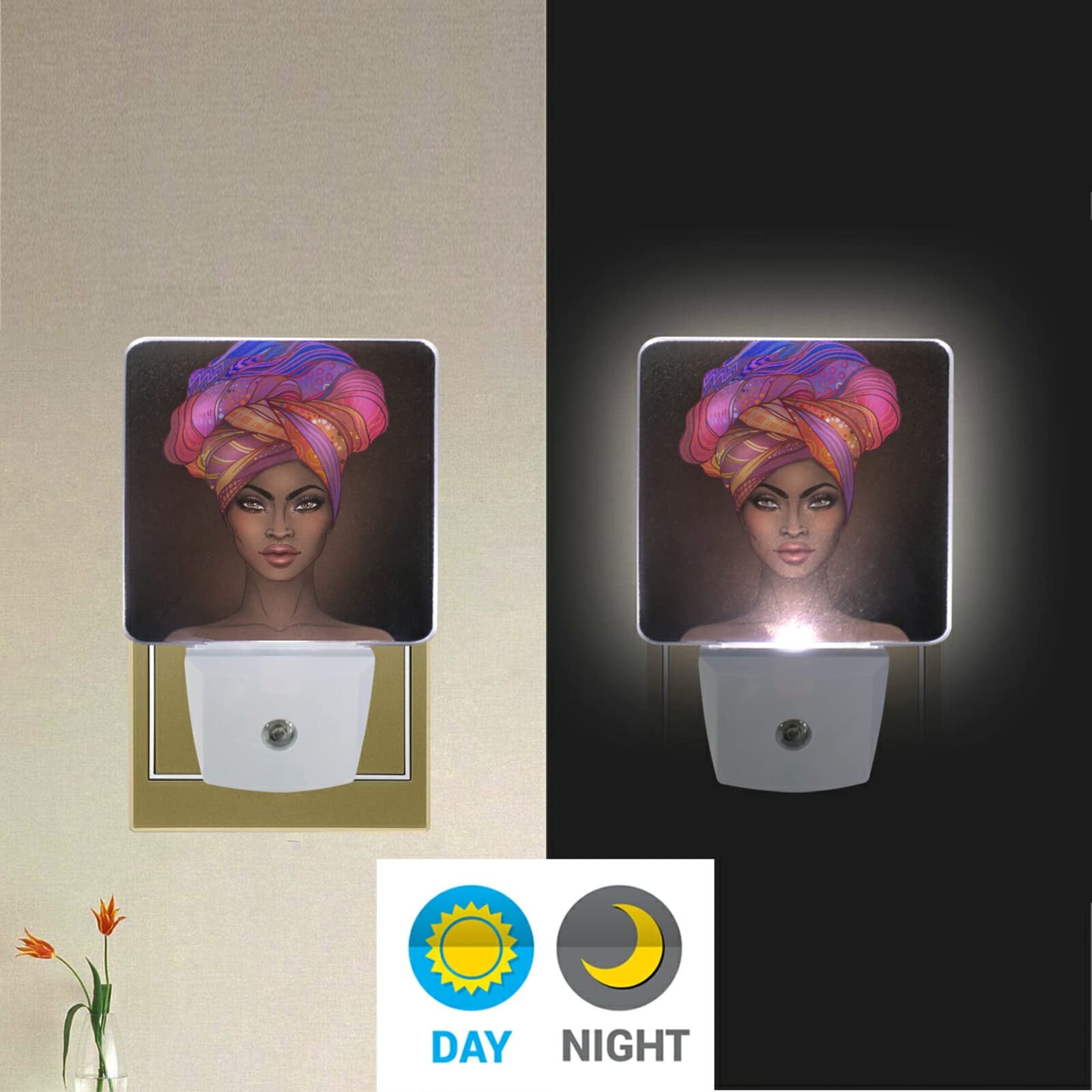 OREZI 2 Pack African Girl LED Night Light - Auto Dusk to Dawn Sensor, Plug-in Nightlights for Bedroom, Bathroom, Kitchen, Hallway & Stairs - Perfect for Kids Rooms, Nursery & Safe Nighttime Navigation