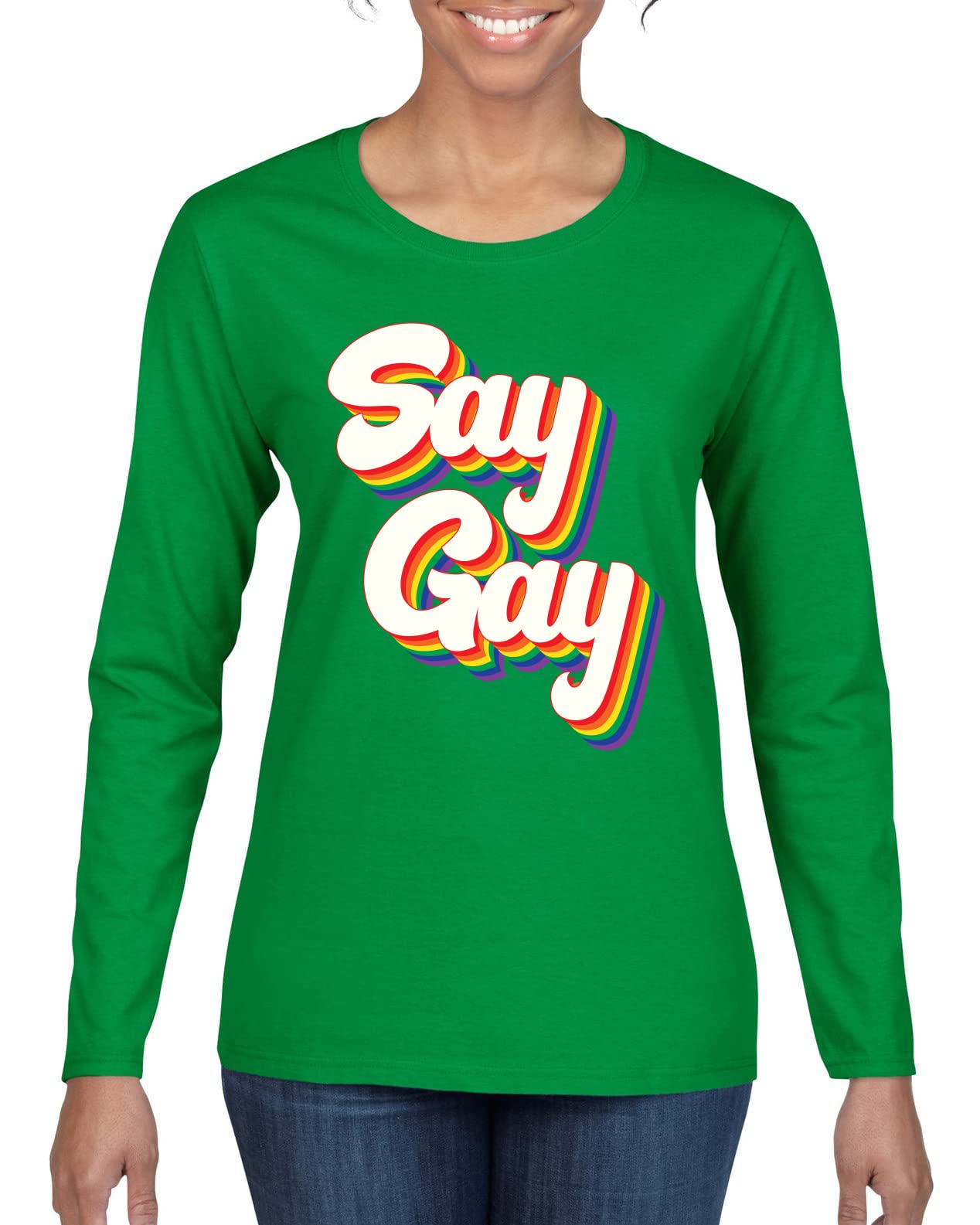 Retro Vintage Rainbow LGBT Pride Graphic Long Sleeve T-Shirt for Women - Say Gay LGBTQ+ Ally Apparel - Perfect for Pride Parades, LGBTQ+ Events & Everyday Wear