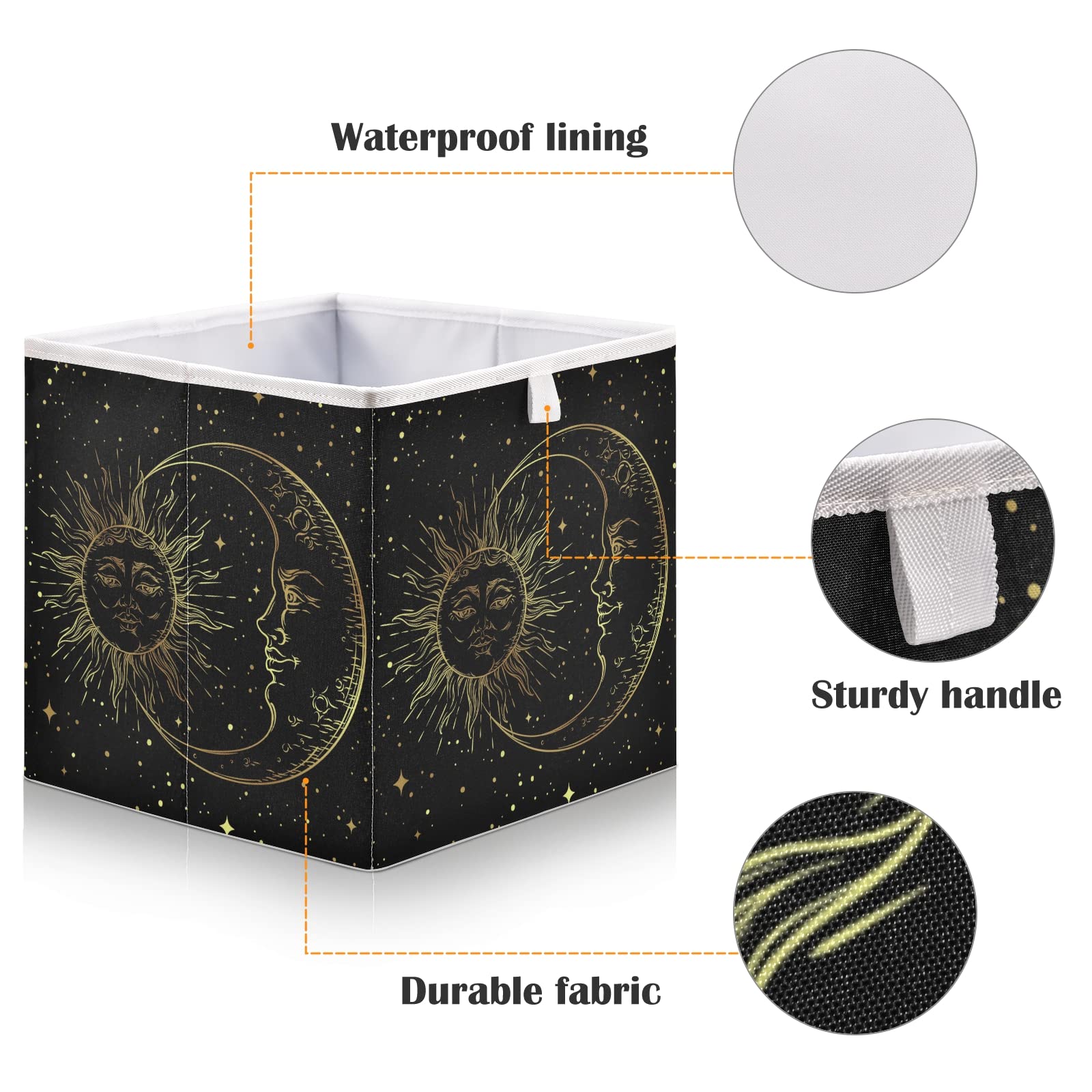 Poeticcity Golden Sun Crescent Moon Gold Stars Black Galaxy Rectangular Storage Basket - Collapsible Foldable Organizer for Toys, Clothes, Nursery - Easy to Assemble | Perfect for Home Organization, Kids Room Decor & Gift Giving