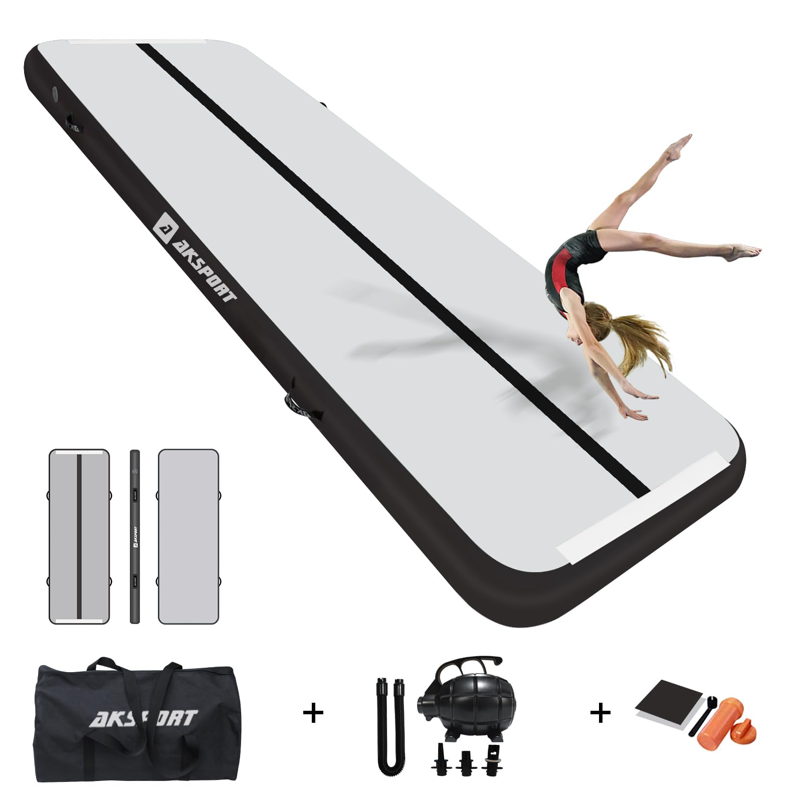 AKSPORT Inflatable Gymnastics Mat Tumble Track - 10ft 13ft 16ft 20ft 23ft Air Tumbling Mat with Pump for Home Gym, Cheerleading, Yoga & Kids Play - Portable Training Equipment for Indoor/Outdoor Use