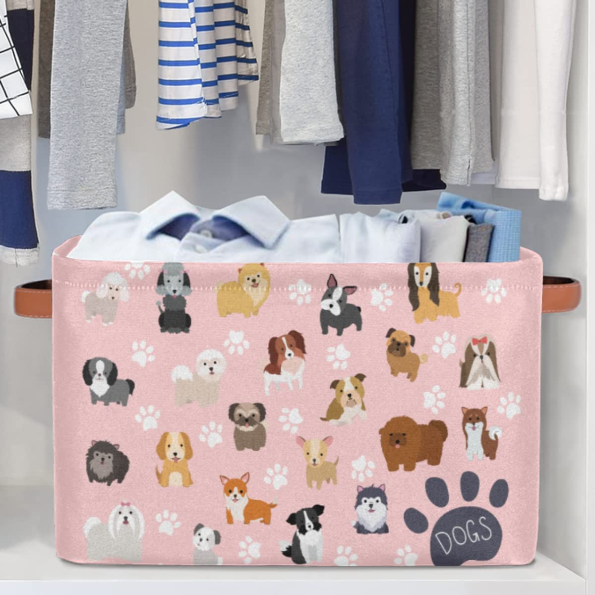 Cute Pink Dog Storage Baskets with Handles - Collapsible Rectangular Fabric Toy Organizer Bin for Closet, Shelf, Laundry, Nursery & Kids Bedroom (15x11x9.5 Inches) - Perfect for Home Organization & Pet Toy Storage