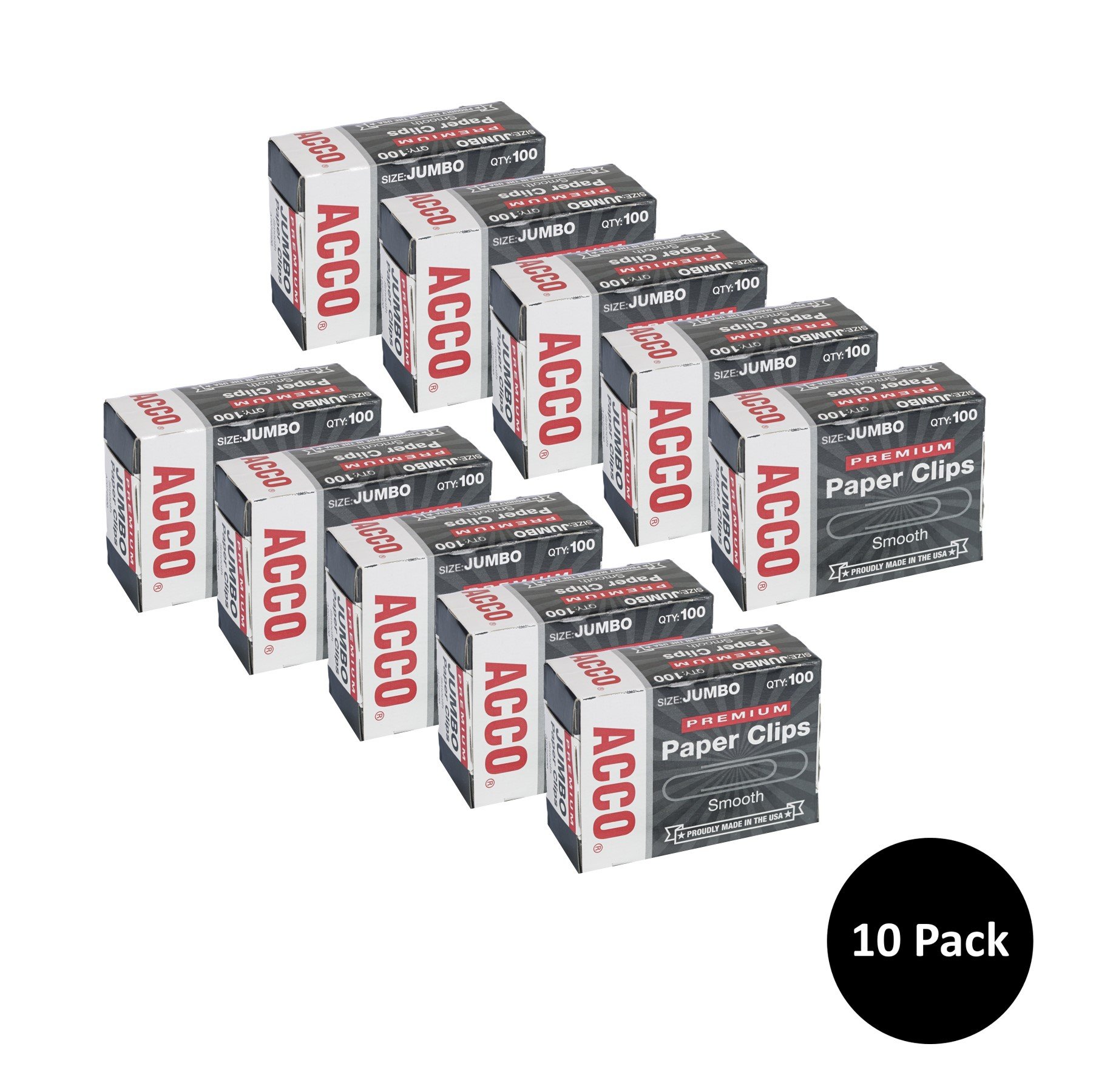 ACCO Premium Jumbo Paper Clips 1.75 Inch - Smooth Finish Non-Rusting Metal Clips - 100 Clips per Box, 10 Boxes (1000 Clips Total) - Ideal for Office, School, and Home Document Organization