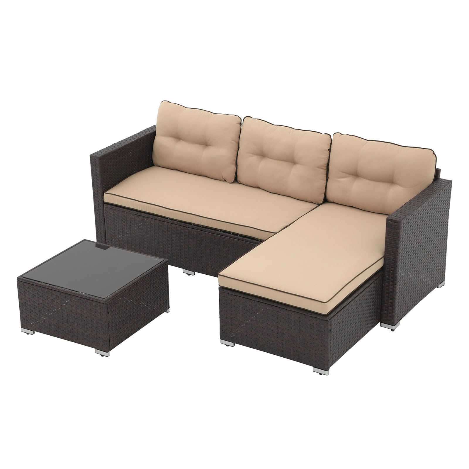 JOIVI Outdoor Patio Furniture Set - All-Weather Wicker Rattan L-Shaped Sectional Sofa with Cushions & Tempered Glass Coffee Table - Perfect for Backyard, Garden, Poolside or Balcony Relaxation (Beige)