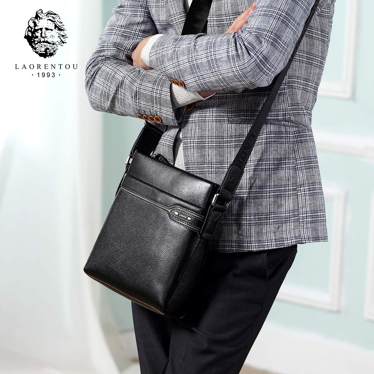 LAORENTOU Genuine Leather Messenger Bag for Men - Business Crossbody Shoulder Bag - Durable Leather Purse & Side Bag - Perfect for Office, Travel & Daily Commute