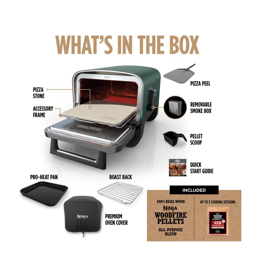 Ninja Woodfire 8-in-1 Outdoor Grill & Smoker with Pizza Oven - 5 Pizza Settings, Green - Perfect for Backyard BBQs, Camping & Outdoor Cooking