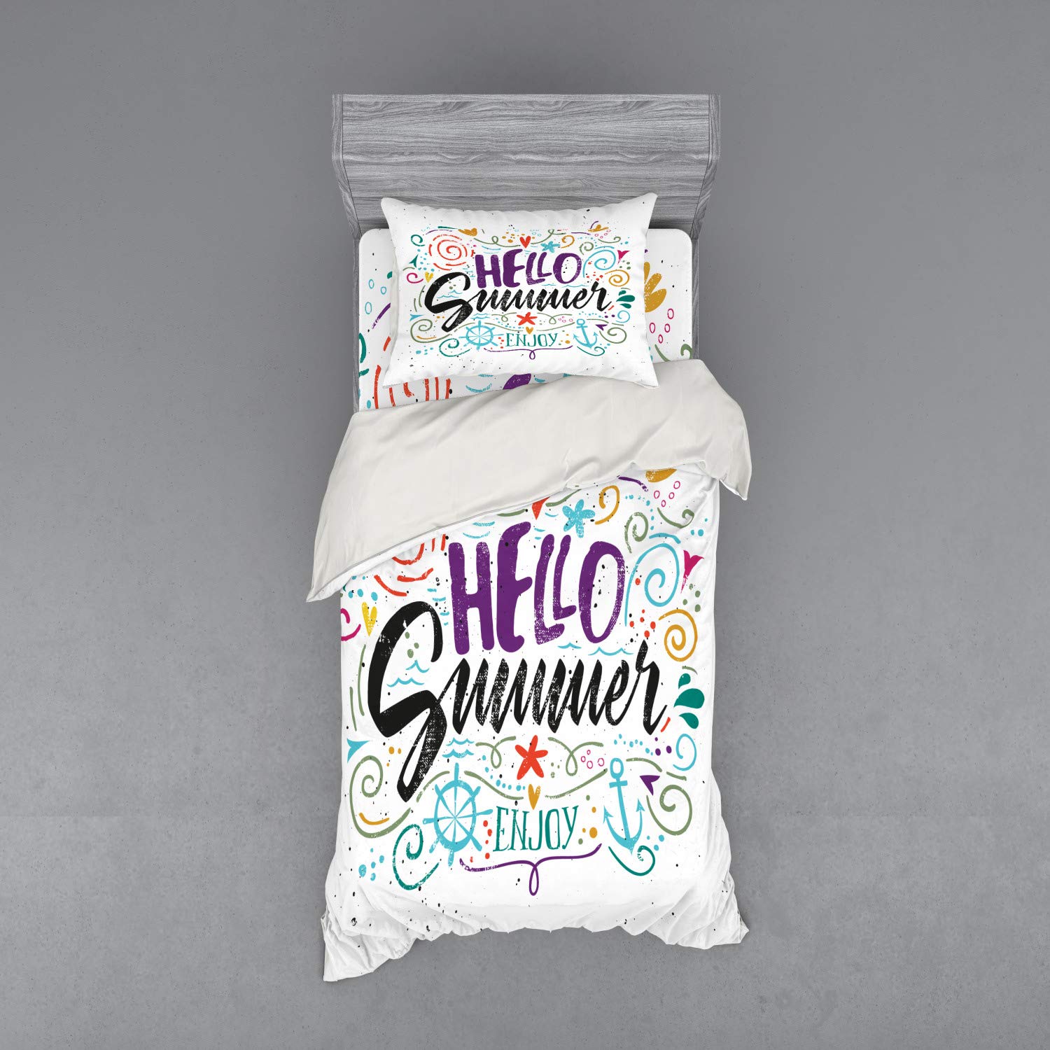Ambesonne Summer Duvet Cover Set - 3 Piece Bedding with 'Hello Summer' Floral Anchor Print, Twin Size, Multicolor - Perfect for Beach House Decor & Seasonal Bedroom Refresh