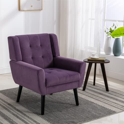Mid-Century Modern Accent Chair - Upholstered Ergonomic Armchair with Wooden Legs for Living Room, Bedroom & Apartment | Comfortable Reading & Lounge Chair in Purple | Perfect for Coffee Nooks, Study Areas & Relaxation Spaces