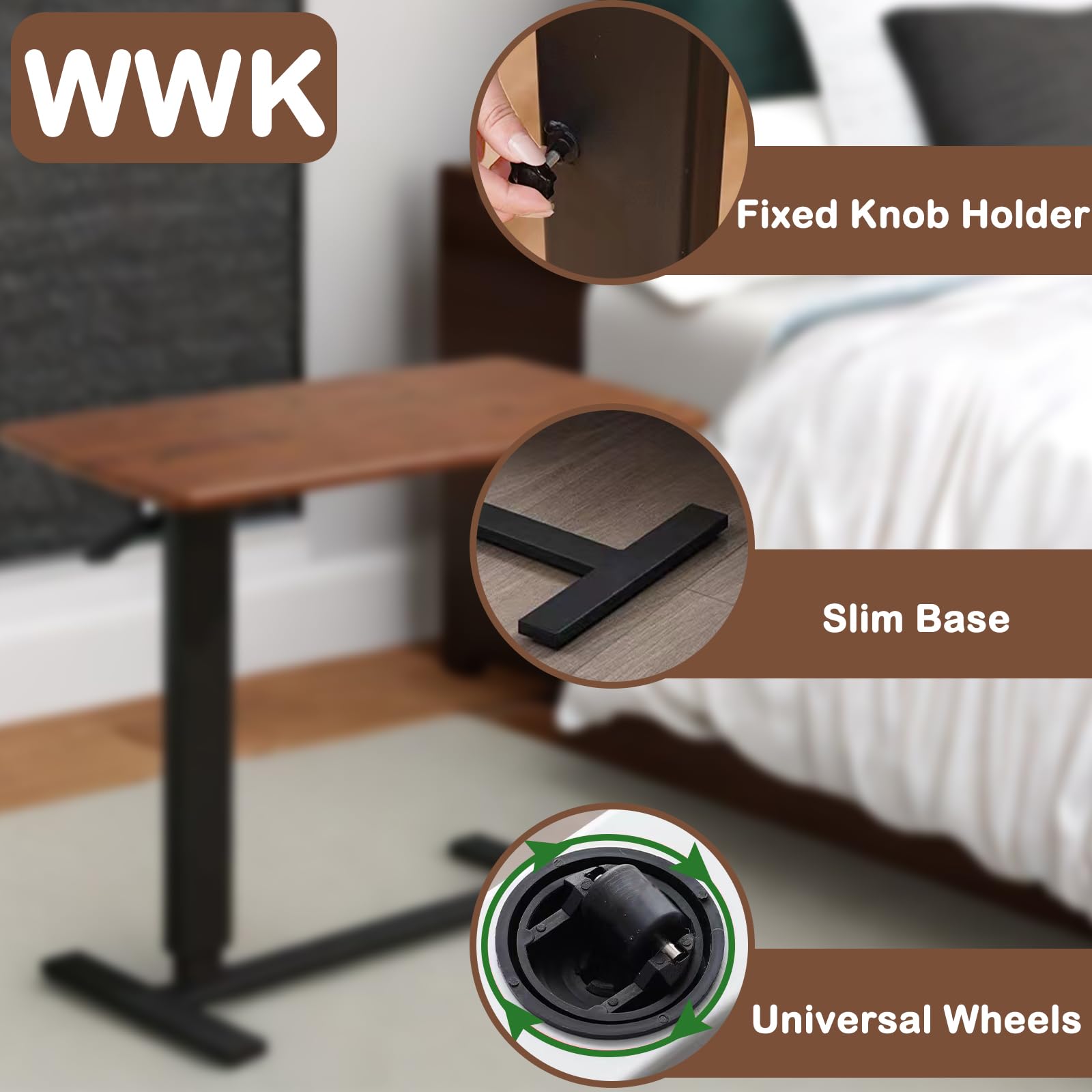 Adjustable Overbed Table with Hidden Wheels - Rolling Laptop Standing Desk with Wood Tabletop for Hospital & Home Use - Hospital Bed Table in Walnut Finish - Perfect for Patients, Elderly Care & Bedside Workspace