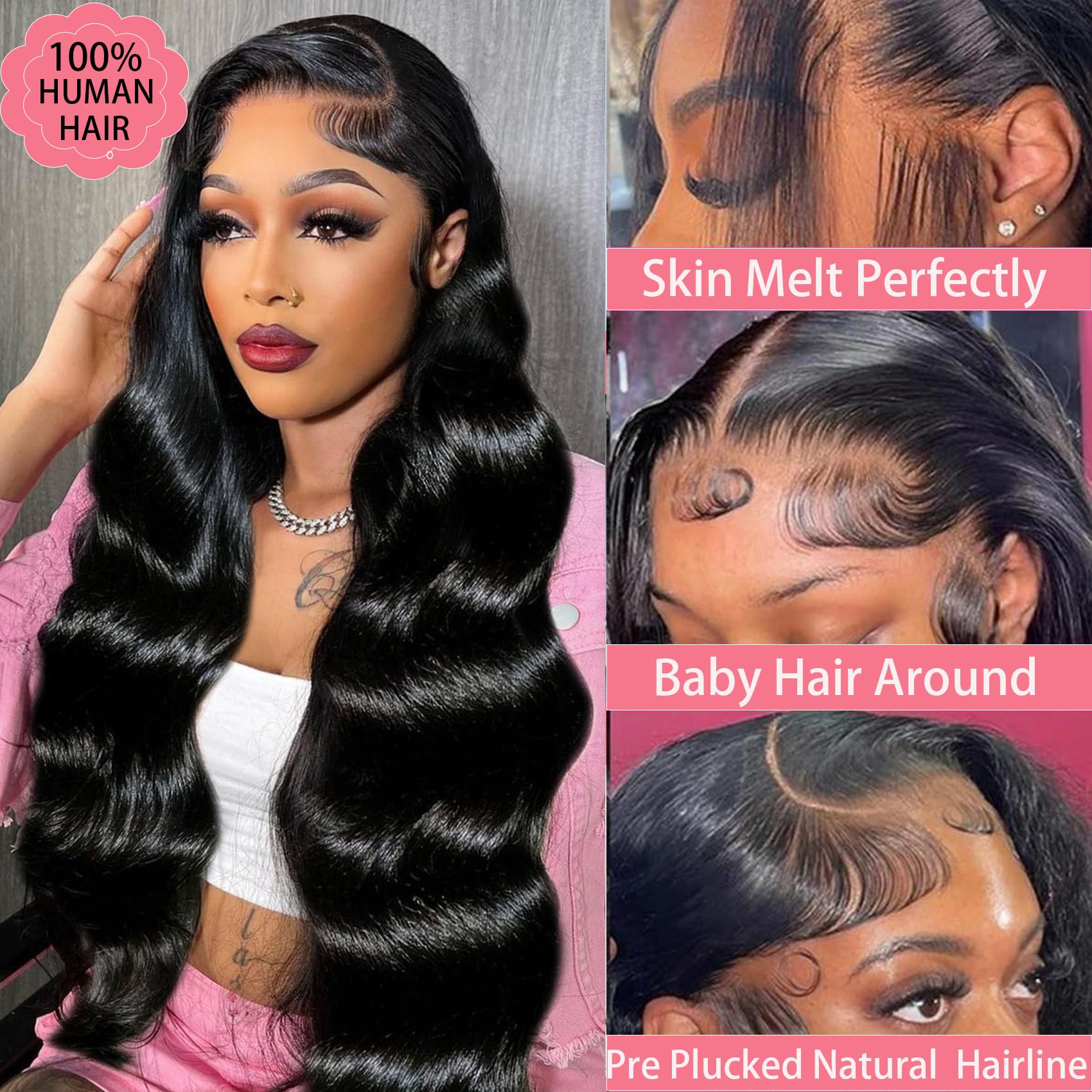 13x6 HD Lace Front Wigs Human Hair - Body Wave 200% Density Pre Plucked Glueless Wigs with Baby Hair | 100% Real Human Hair Natural Color 24 Inch | Perfect for Daily Wear, Cosplay, and Special Occasions