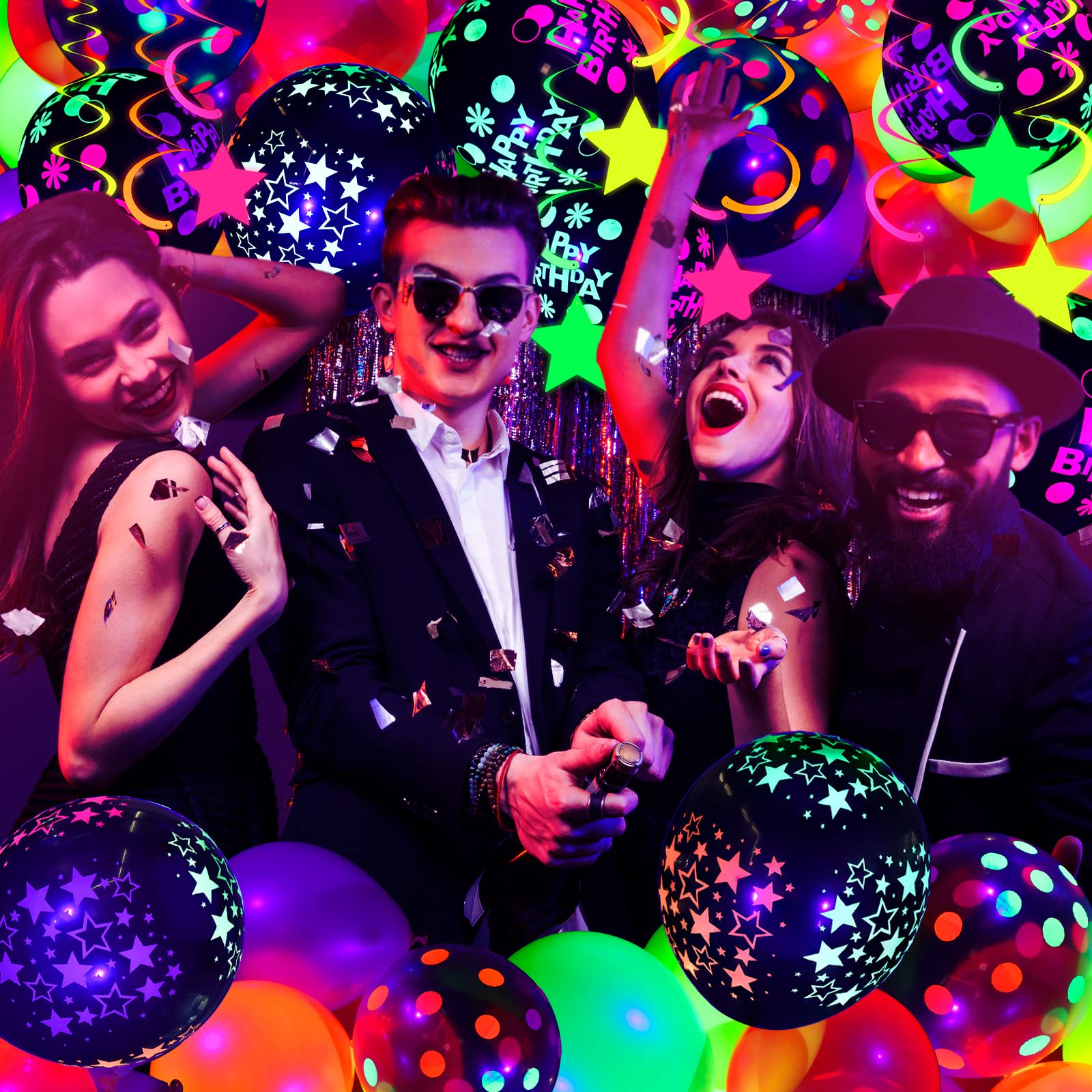 Jetec 71-Piece Neon Birthday Party Decorations Kit - Glow in The Dark Balloons, UV Neon Balloons, Star Swirls & Happy Birthday Banner - Perfect for Glow Parties, Raves, Nightclubs & UV Themed Celebrations