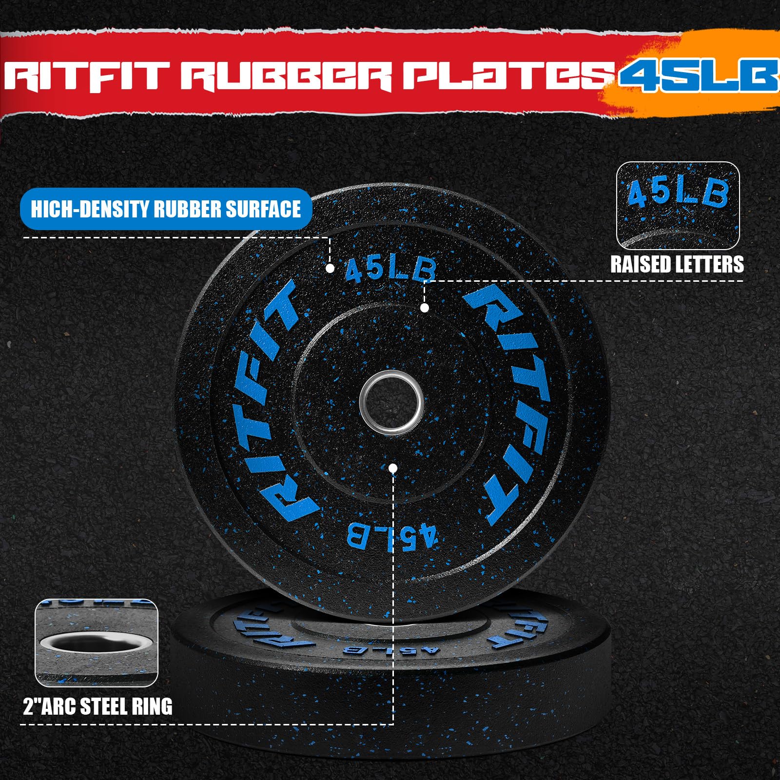 RitFit Bumper Plates - Colored Fleck-Rubber Olympic Weight Plates with Steel Insert (2-inch) for Weight Lifting, CrossFit & Strength Training - Single, Pair & Set Options - Perfect for Home Gym & Commercial Fitness Centers