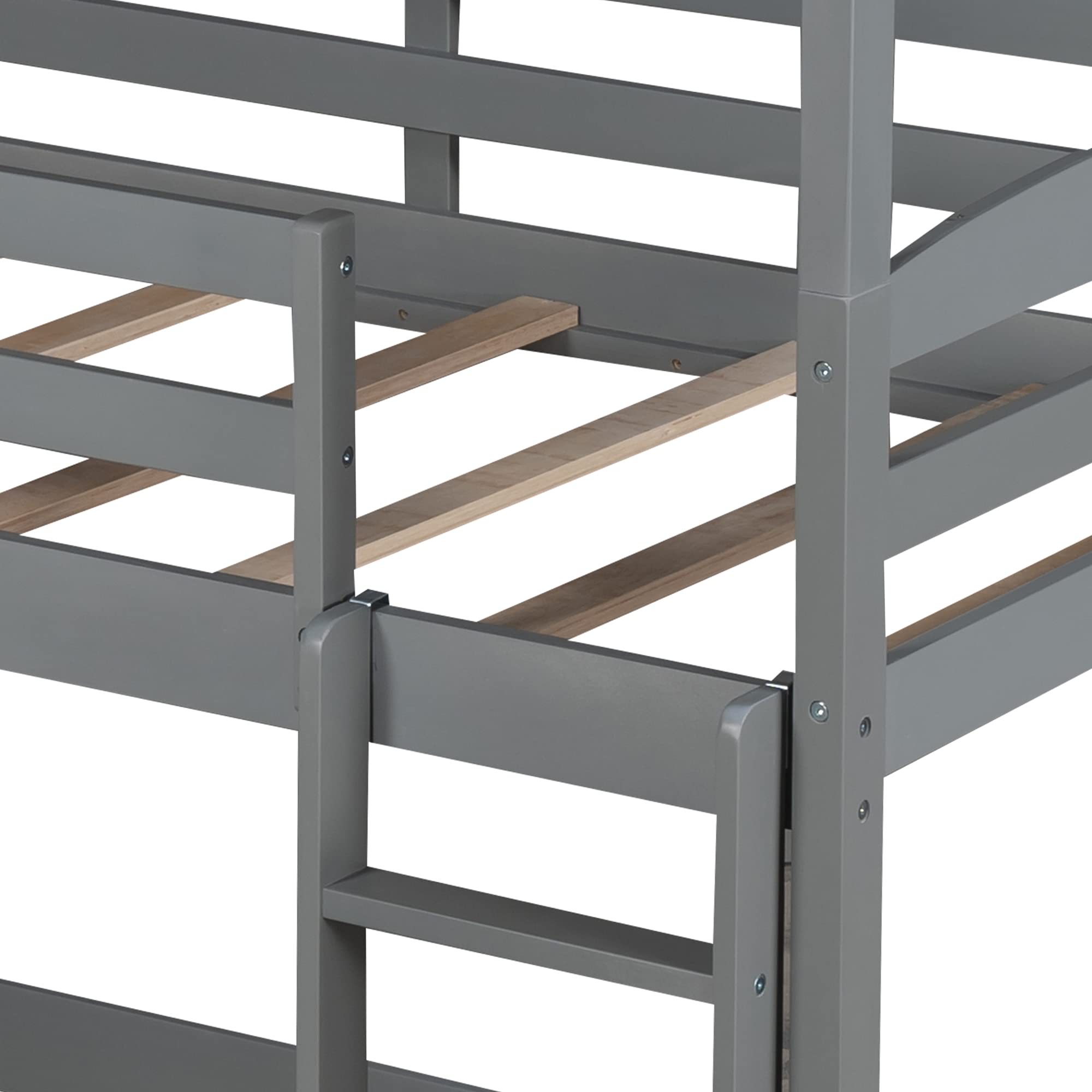 Solid Wood Triple Bunk Bed for Kids - Twin Over Twin Over Twin Bunk Bed Frame with 2 Built-in Ladders & Safety Guardrail - Converts to Twin Bunk Beds or Loft Bed - Space Saving Kids Bedroom Furniture for Small Rooms, Shared Bedrooms & Vacation Homes (Gray)