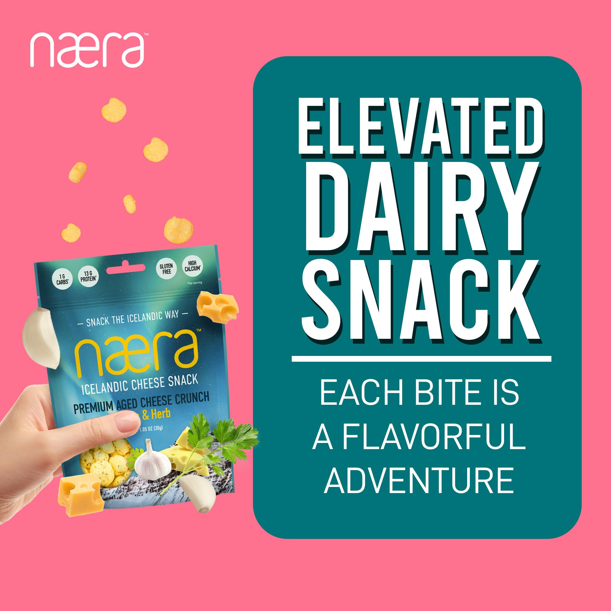 Næra Icelandic - Garlic & Herb Aged Cheese Crunch Protein Snacks | Keto Friendly, Gluten-Free, High Protein | All-Natural Snack for Adults & Kids (1.05 oz) | Perfect for On-the-Go, Lunchboxes & Low-Carb Diets
