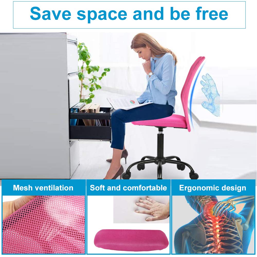 Ergonomic Mesh Office Chair - Adjustable Height Mid Back Swivel Rolling Desk Chair for Home & Student Workspaces, No Armrest Modern Task Chair with Wheels (Pink) - Perfect for Small Offices, Gaming & Study Areas