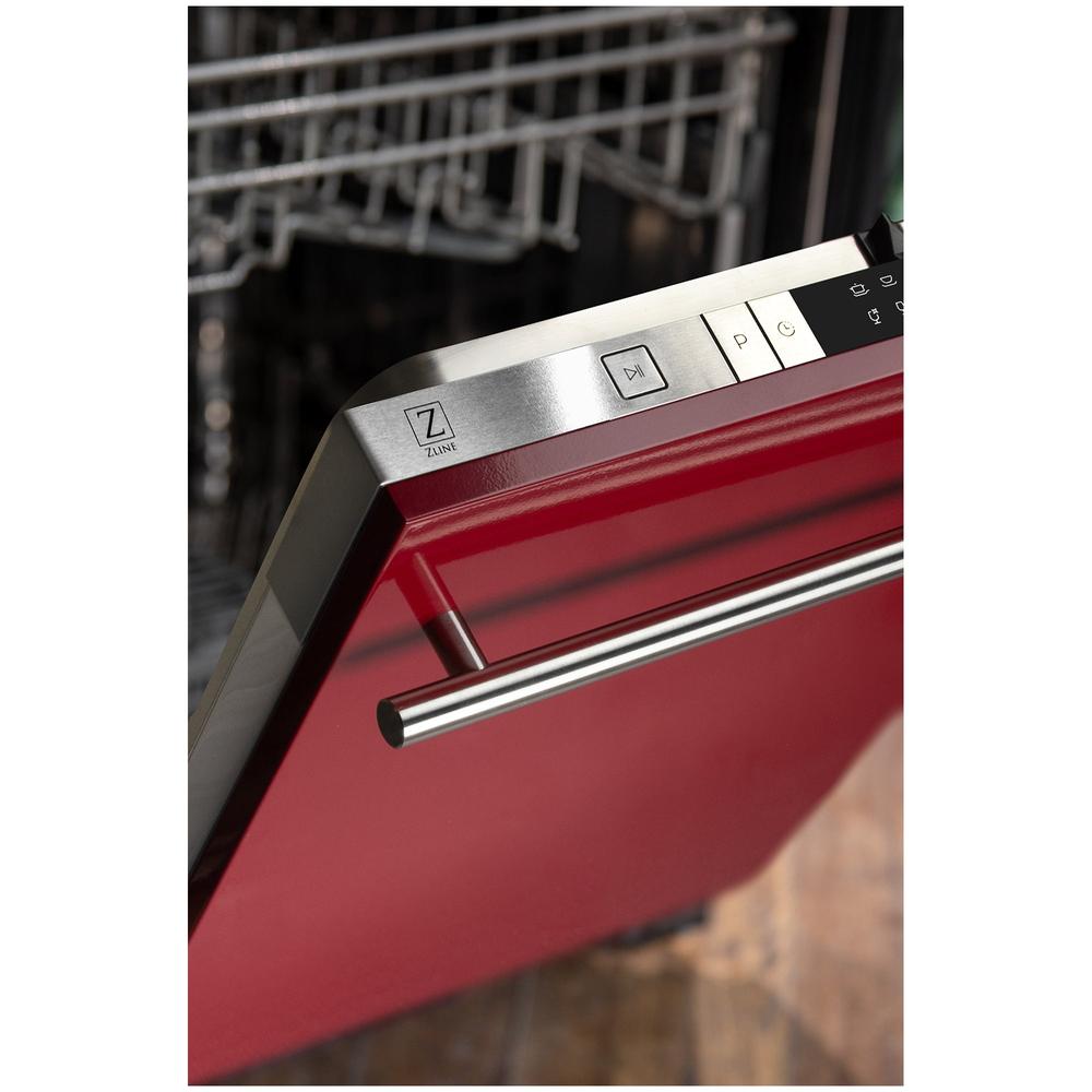 ZLINE 24 Inch Stainless Steel Built-In Dishwasher with Red Gloss Panel - Ultra Quiet 52dBa - Modern Handle Design for Kitchens & Open Concept Living Spaces