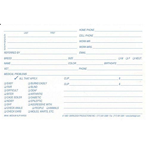 MPP White Klip Kards Dog Grooming Kennel Card Chart - Pet Info Checklist 4x6 Inches (100 Count) - Perfect for Vet Clinics, Pet Grooming & Kennel Record Keeping