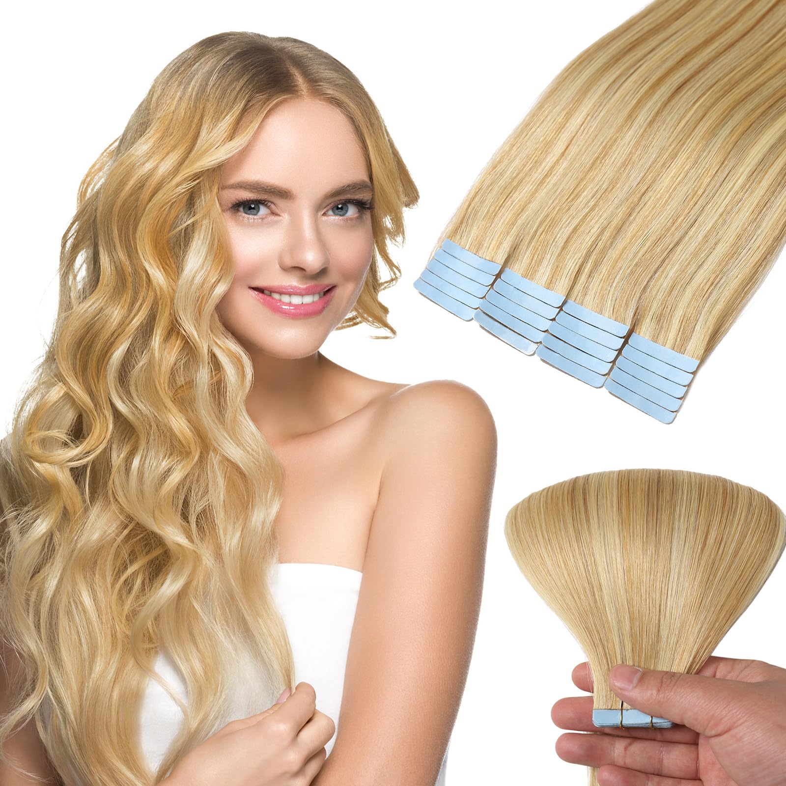 Premium 22 Inch Human Hair Tape in Extensions #P27/613 Balayage - 40pcs/100g Honey Blonde to Bleach Blonde Highlights | Remy Straight Natural Hair Weft for Daily Styling & Special Occasions