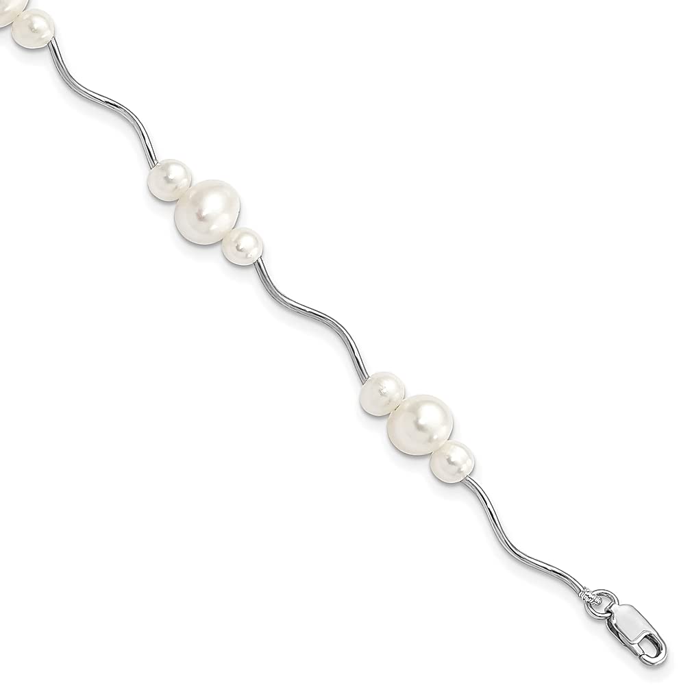 925 Sterling Silver Rhodium Plated 3-6mm Freshwater Cultured Pearl Bracelet - 7.25 Inch Elegant Jewelry for Women | Perfect Birthday, Anniversary & Wedding Gift | Office Wear & Special Occasion Accessory