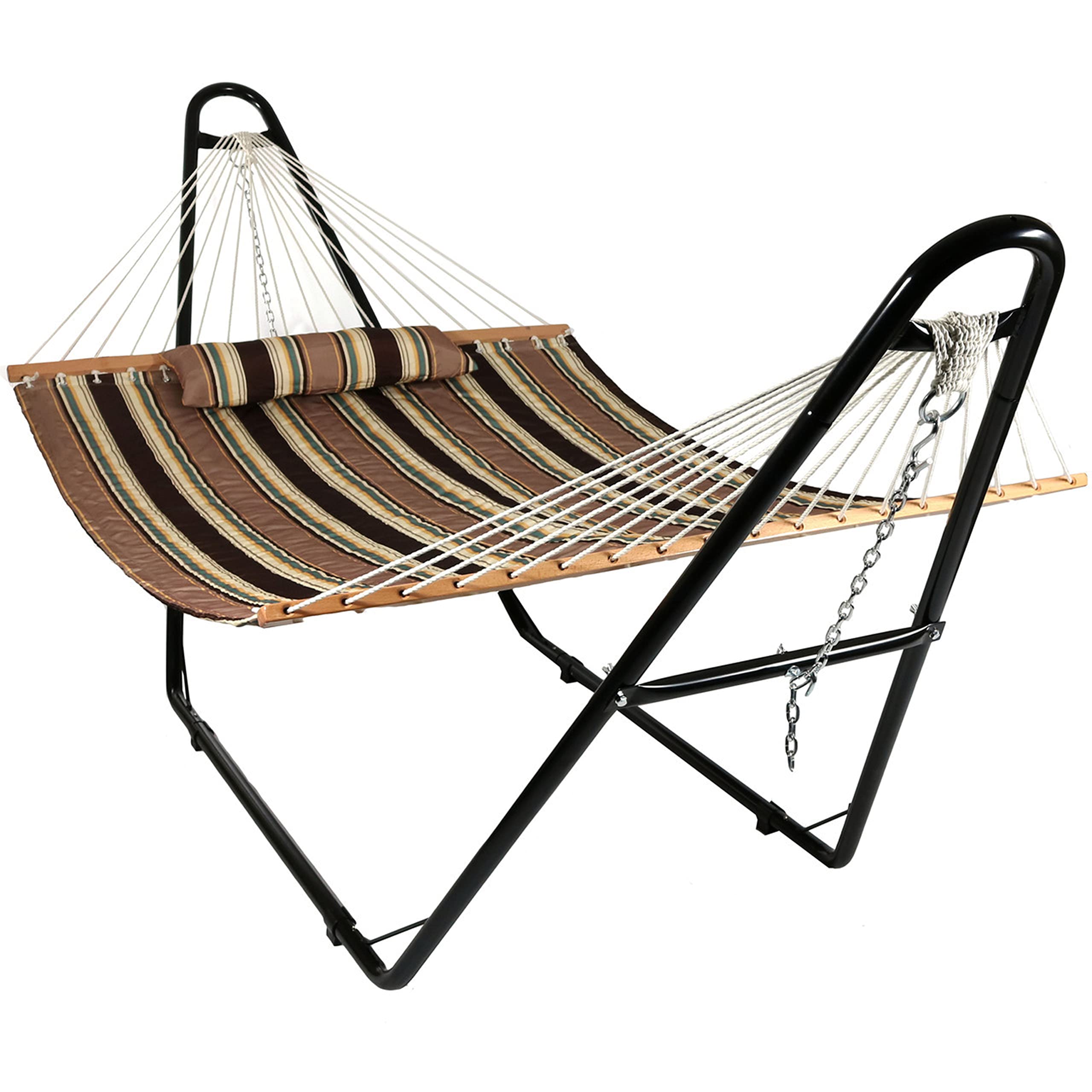 Sunnydaze Double Quilted Fabric Hammock with Universal Steel Stand - 450lb Weight Capacity - Black Stand - Perfect for Backyard, Patio, Beach & Outdoor Relaxation