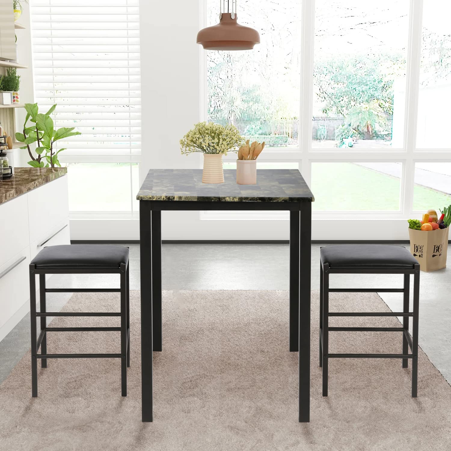 3-Piece Faux Marble Dining Table Set - Rectangular Counter Height Kitchen Table with 2 Cushioned Chairs | Modern Bar Table Set for Small Spaces | Perfect for Apartments, Breakfast Nooks & Cozy Kitchens