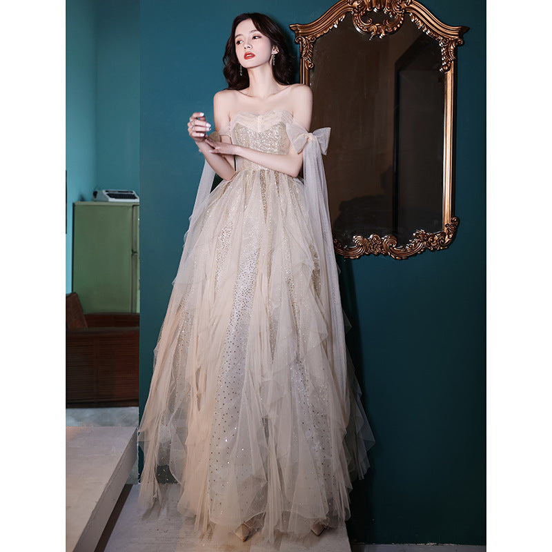 Fairy Champagne Long Party Dress for Women - Sparkly Princess Evening Gown Formal Prom Dress - Perfect for Weddings, Galas & Special Occasions
