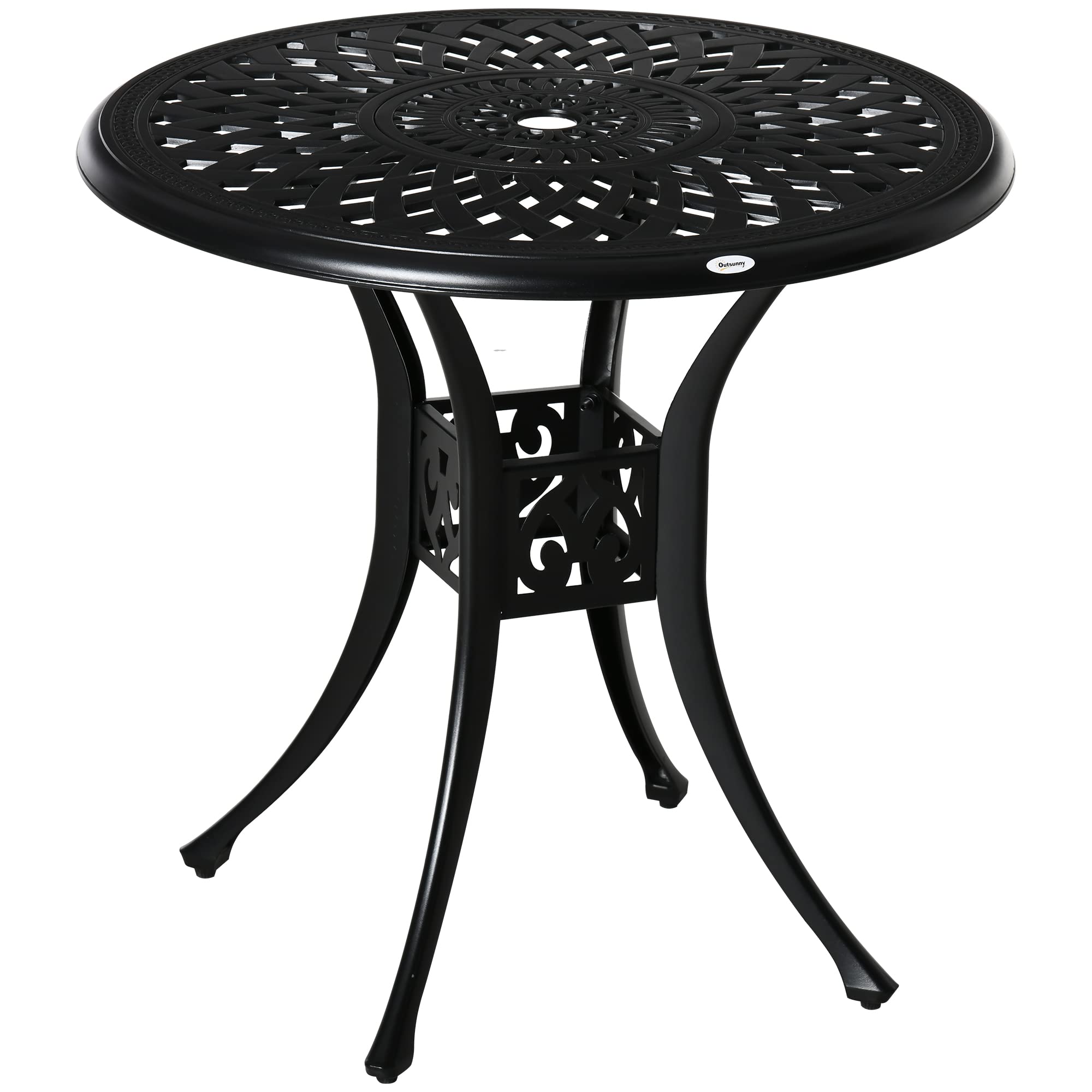 Outsunny 30 Inch Round Outdoor Patio Dining Table with Umbrella Hole - Antique Cast Aluminum Bistro Table for Garden, Backyard, Poolside - Weather Resistant Black Metal Table for Outdoor Entertaining