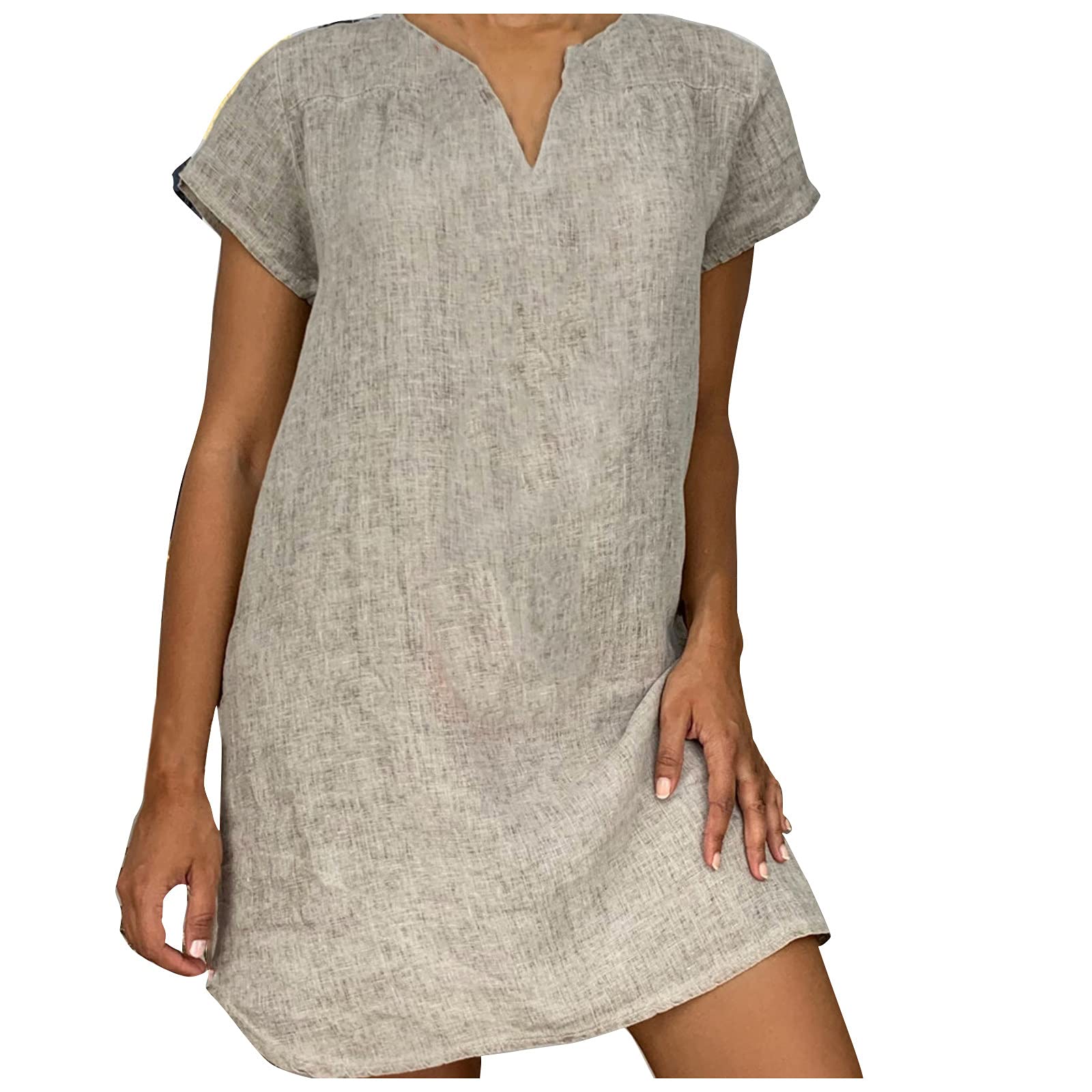 SERYU Women's Summer V-Neck Short Sleeve Cotton Linen Dress - Casual Loose Shift Dress with Floral Pattern for Beach, Vacation & Outdoor Activities